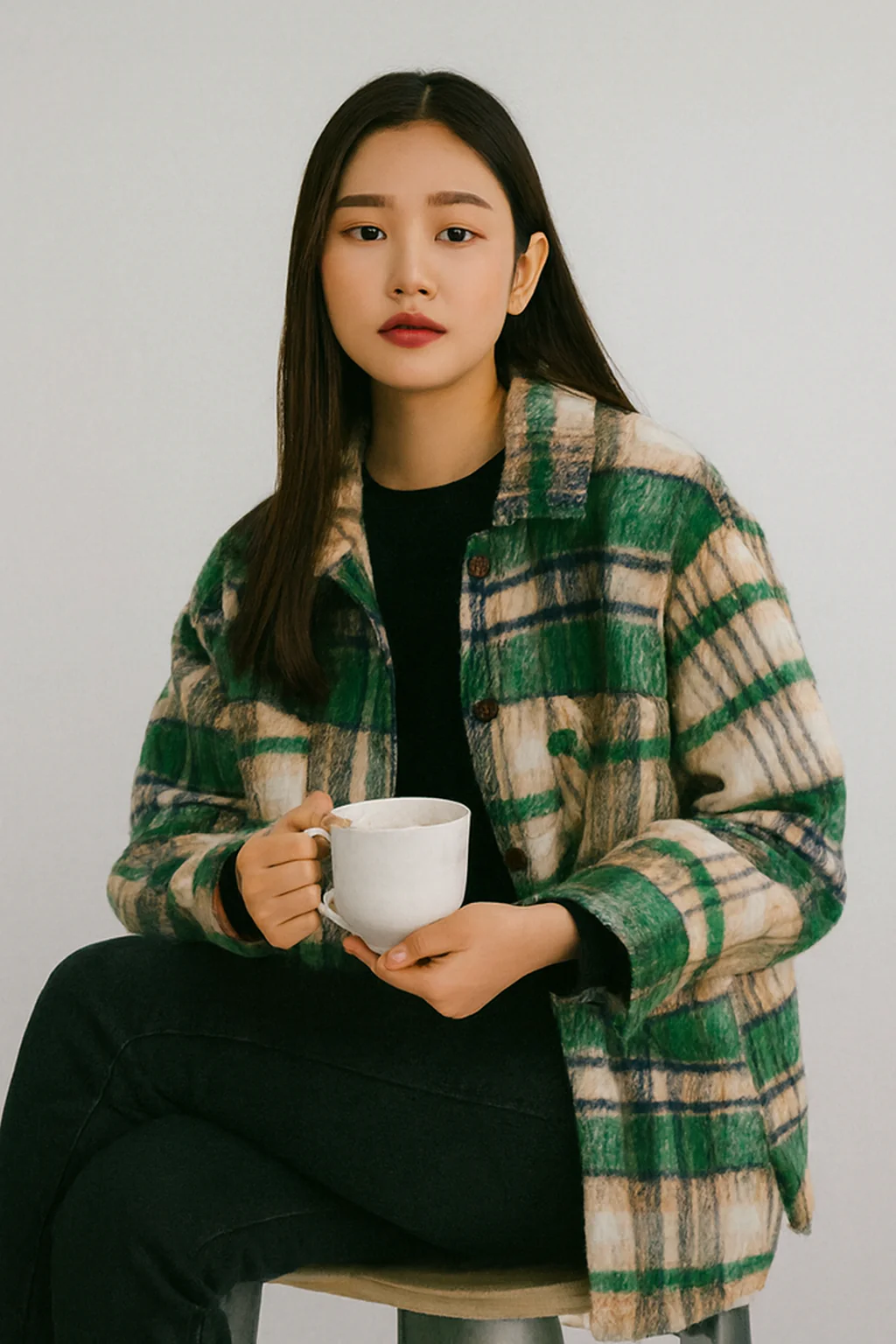 Women Green Checked Winter Jacket - Image 4