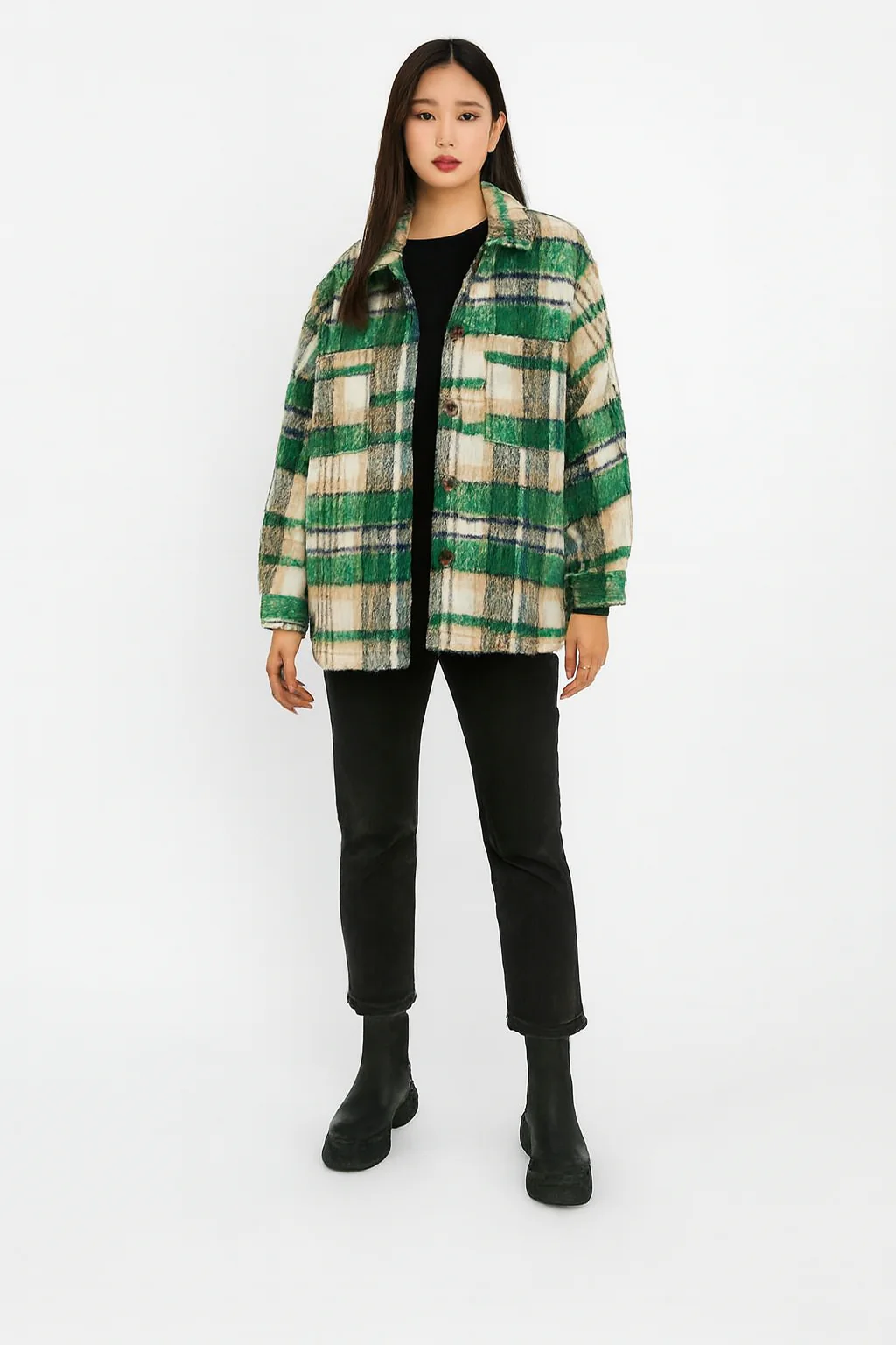 Women Green Checked Winter Jacket - Image 5