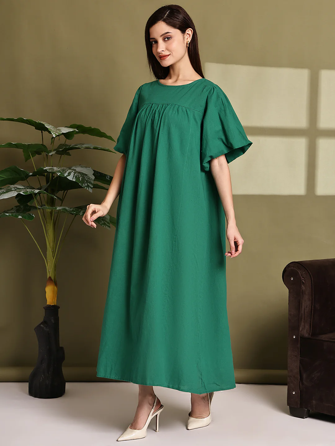 Women Green Cotton Maxi Dress - Image 5