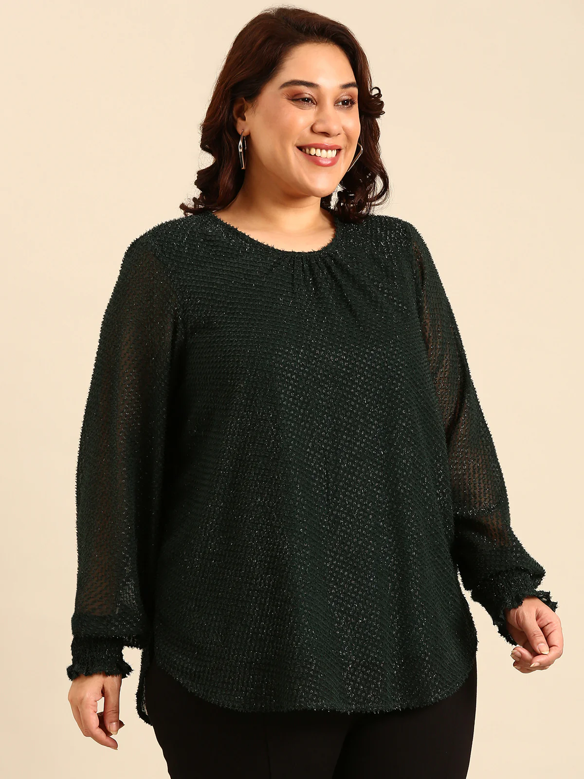 Women Green Embossed Bishop Top