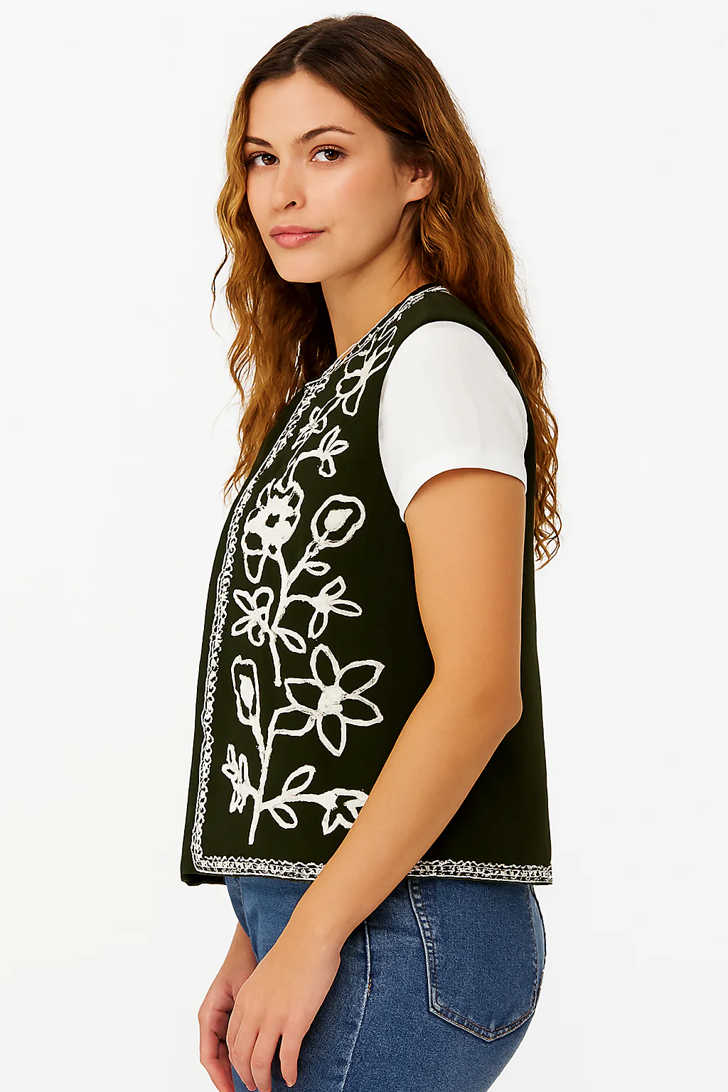 Women Green Embroidered Sleeveless Jacket - Image 4
