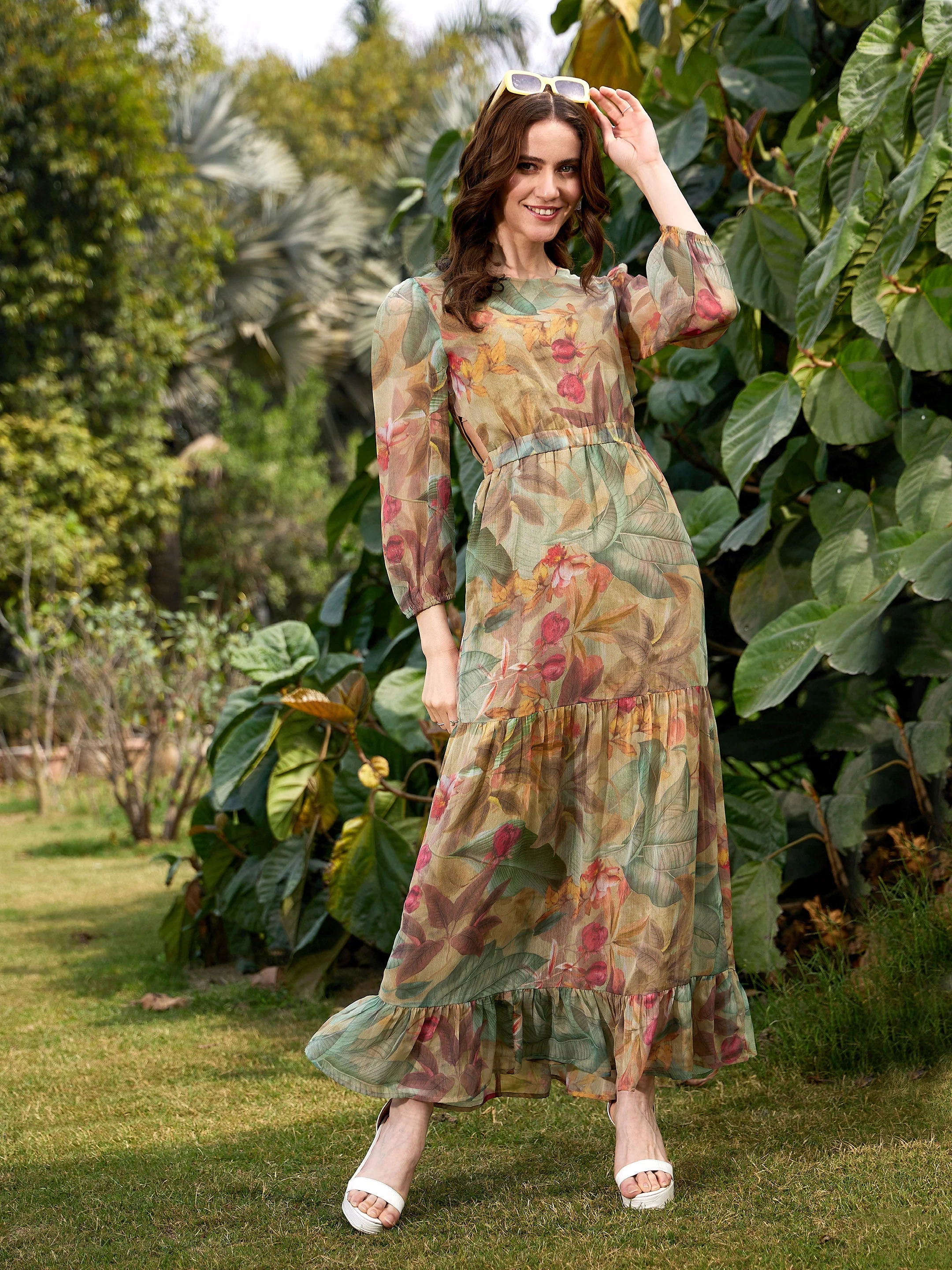 Women Green Jungle Printed Waist Cut Out Maxi Dress