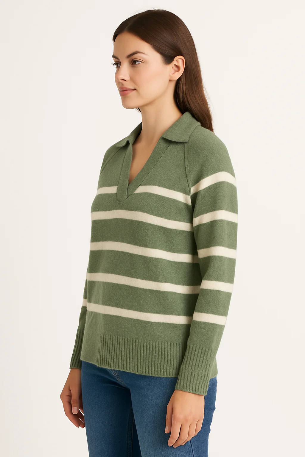 Women Green Polyester V-Neck Baggy Sweater - Image 2