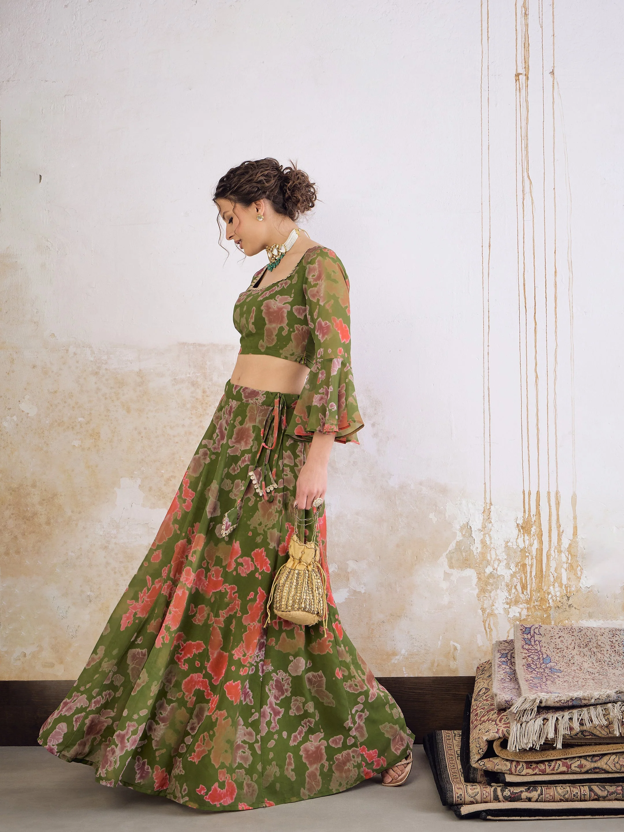 Women Green Tie & dye Crop Top With Anarkali Skirt - Image 3