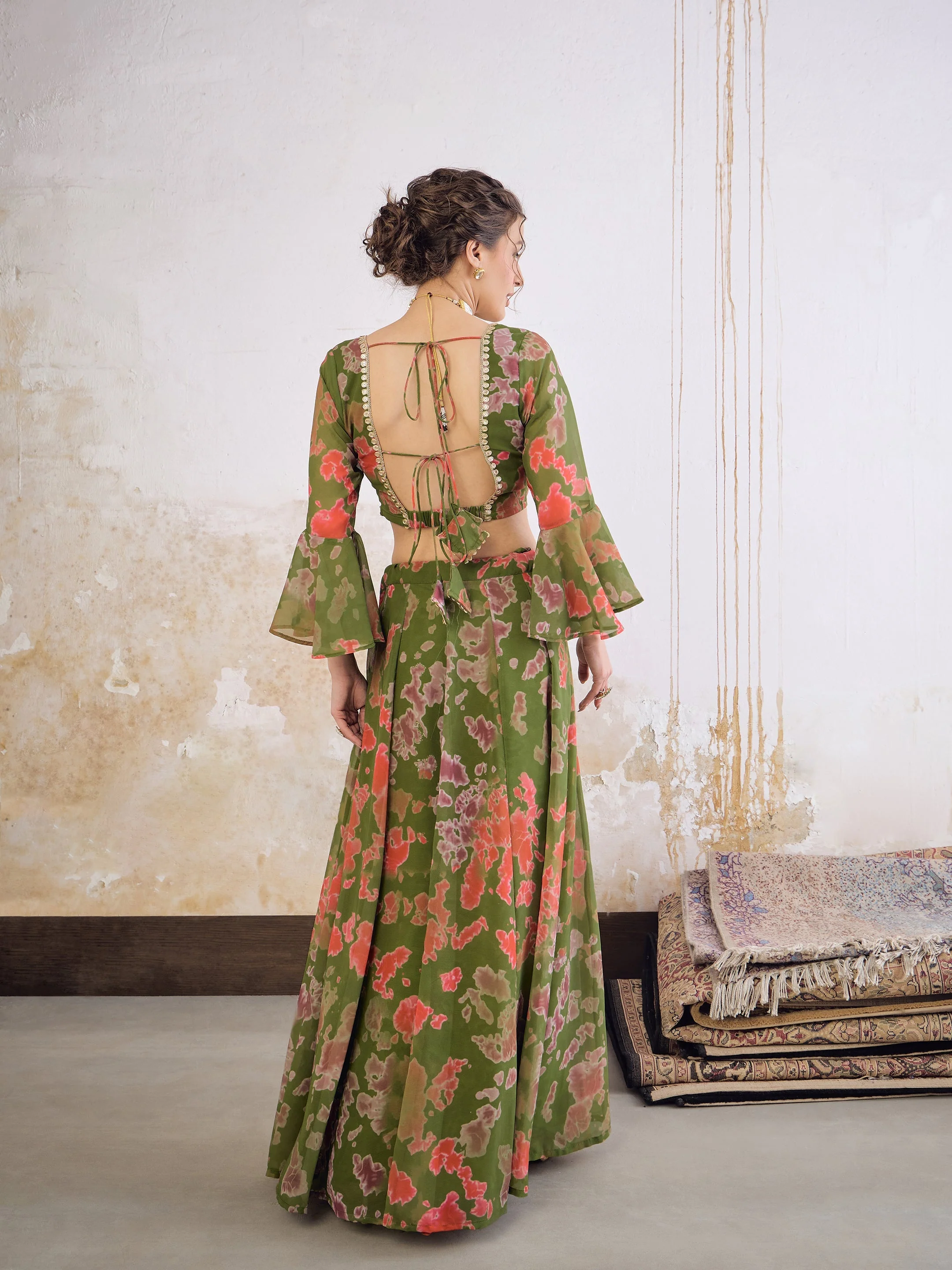 Women Green Tie & dye Crop Top With Anarkali Skirt - Image 5