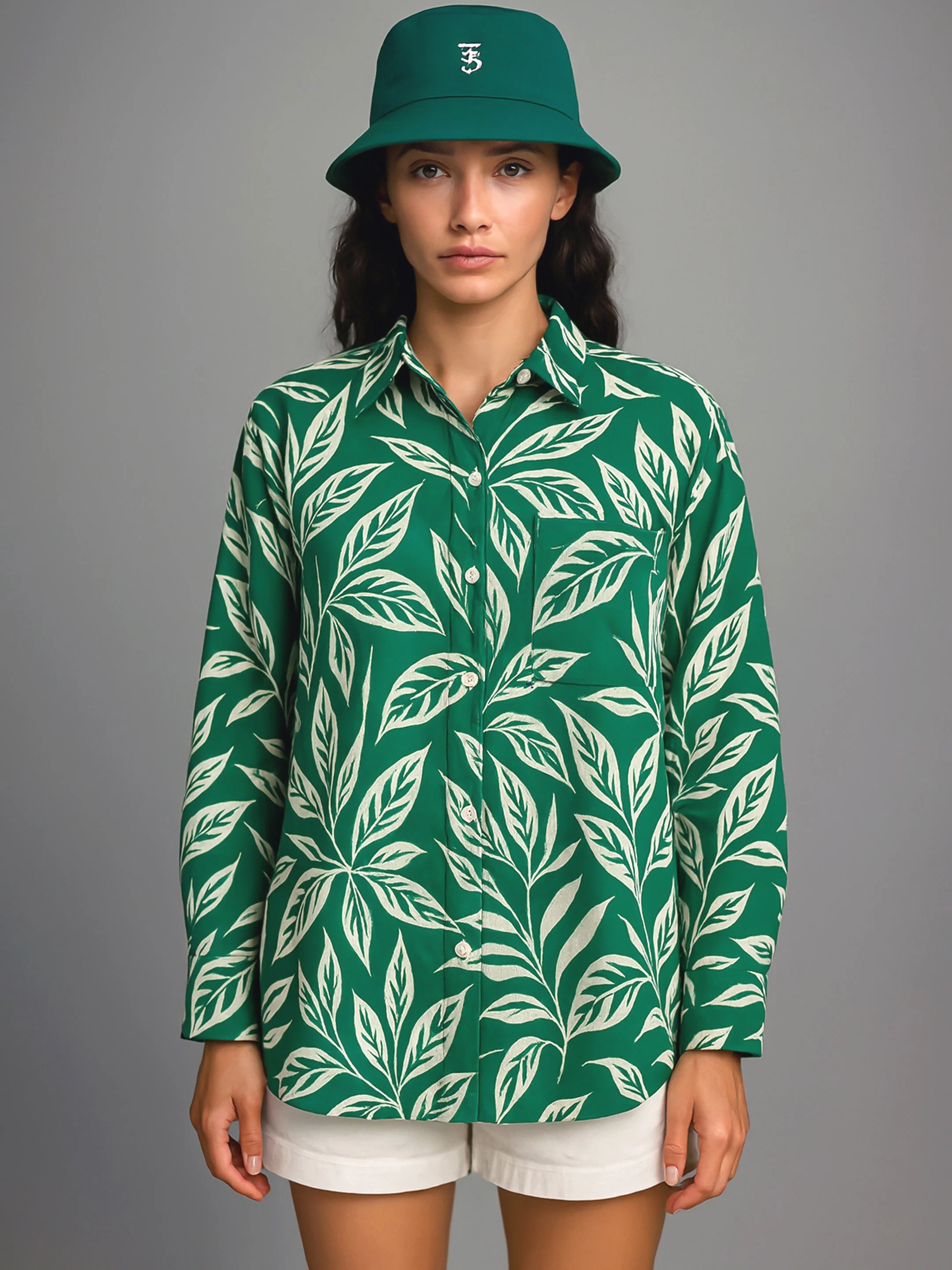 Women Green Tropical Floral Oversized Shirt
