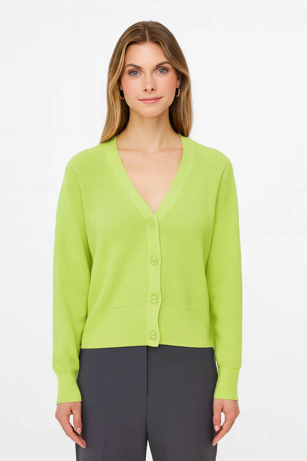 Women Green V-Neck Button Down Sweater