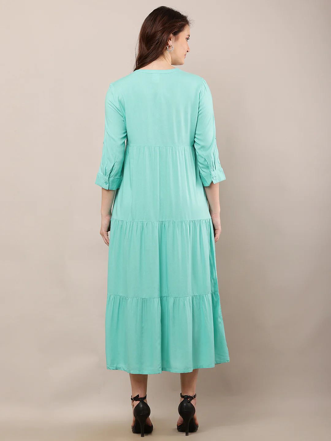 Women Green V-Neck Midi Summer Dress - Image 4