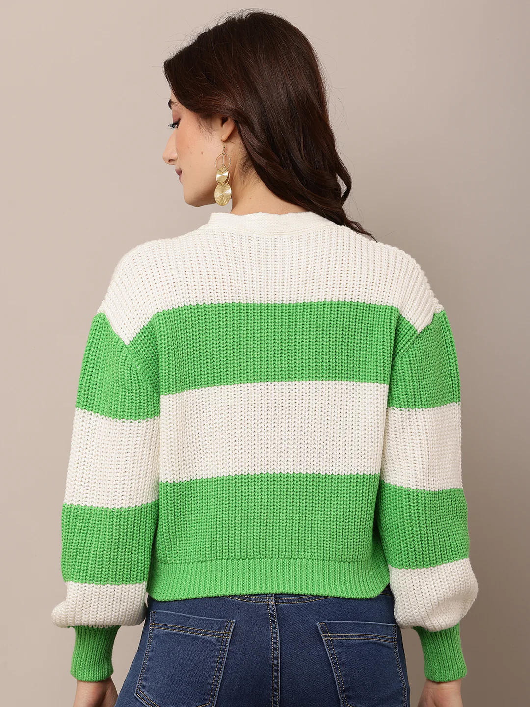 Women Green & White V-Neck Acrylic Cardigan - Image 4