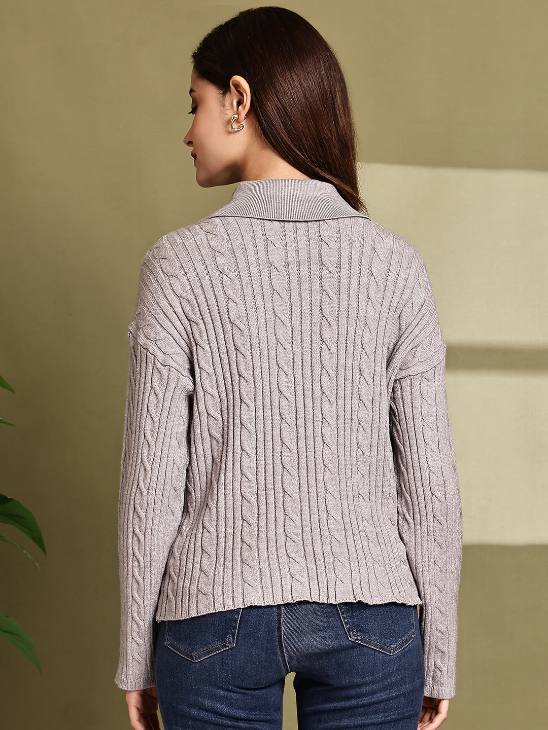 Women Grey Acrylic Full Sleeve Polo Sweater - Image 3