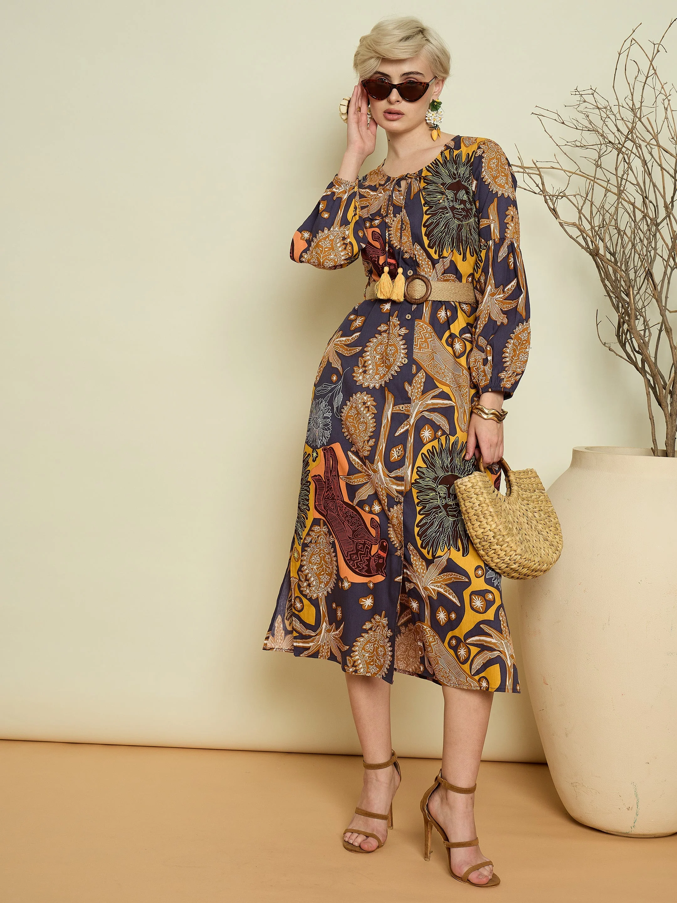 Women Grey Boho Printed Side Slit Midi Dress