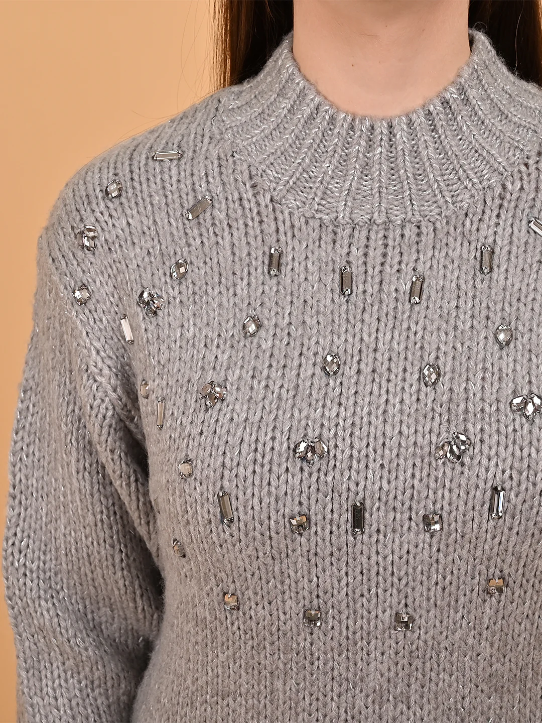 Women Grey Mock Neck Sweater - Image 4