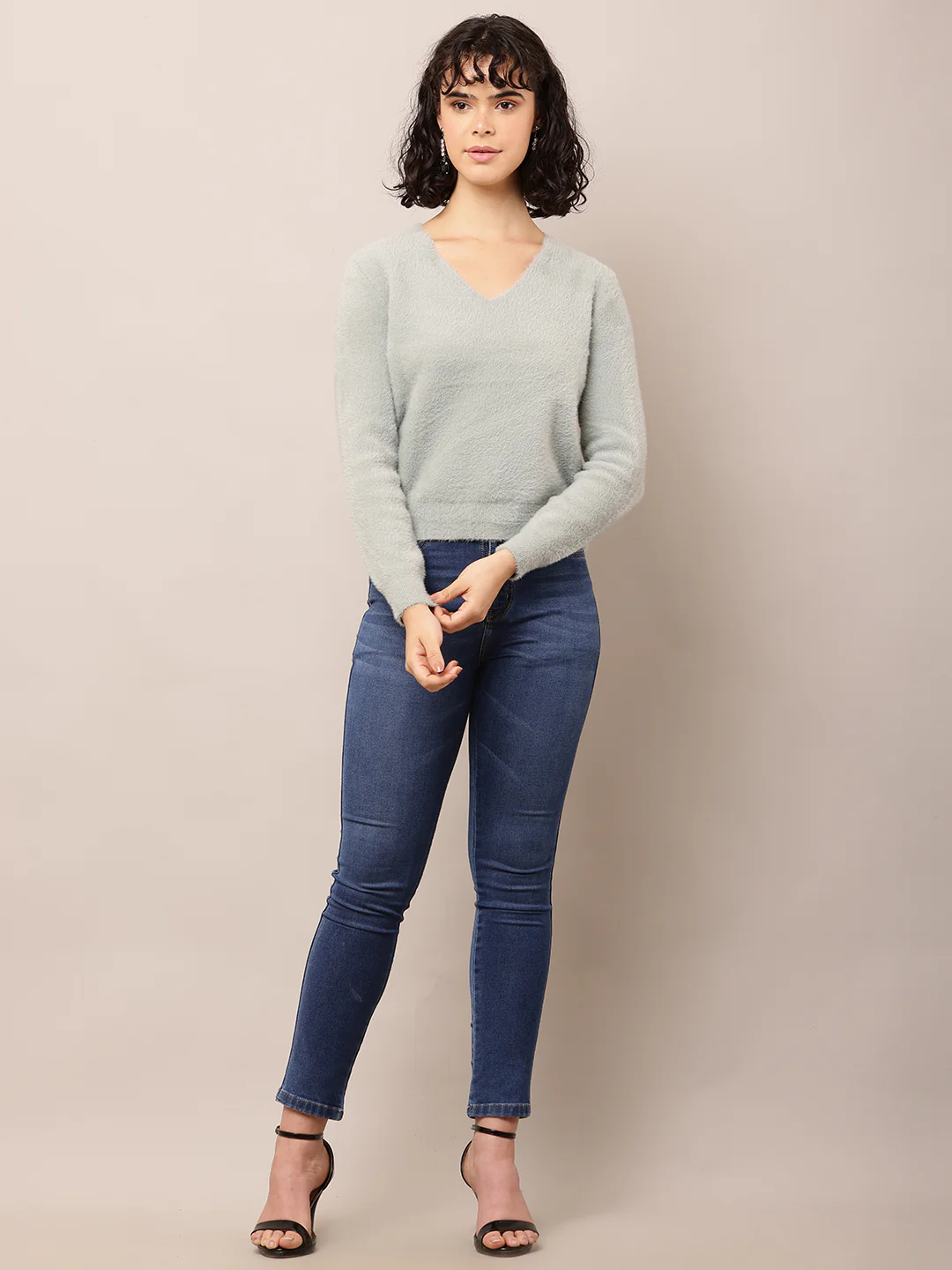 Women Grey Nylon V-Neck Full Sleeve Sweater - Image 3