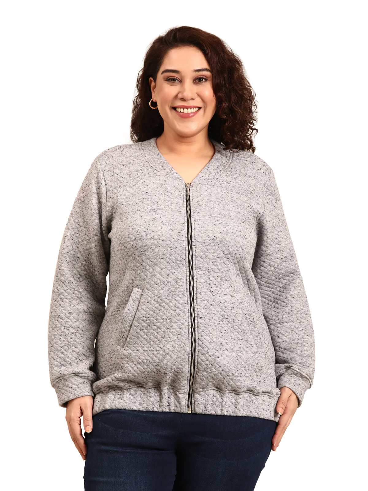 Women Grey Quilted Bomber Jacket