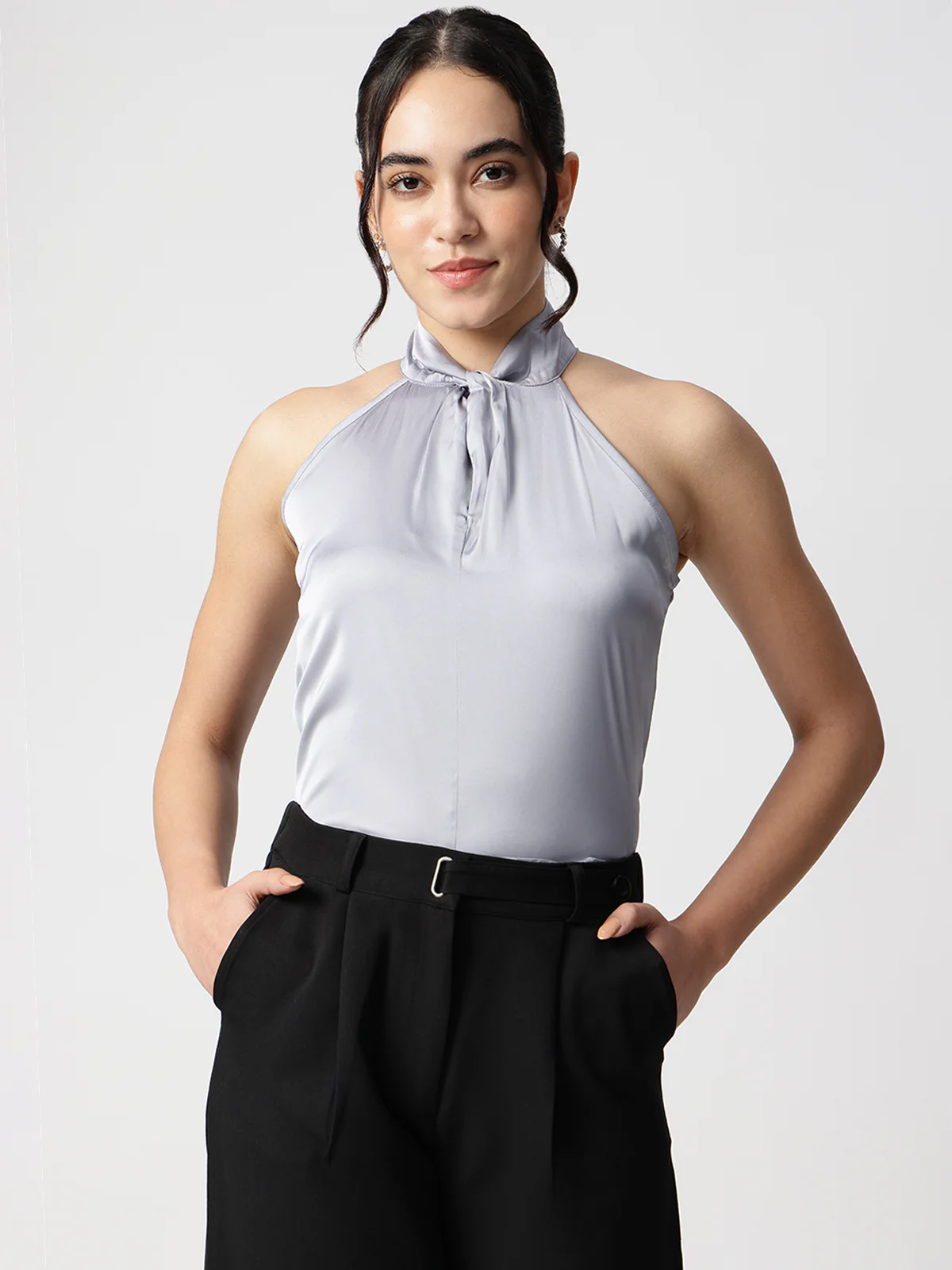 Women Grey Satin Halter Neck Top