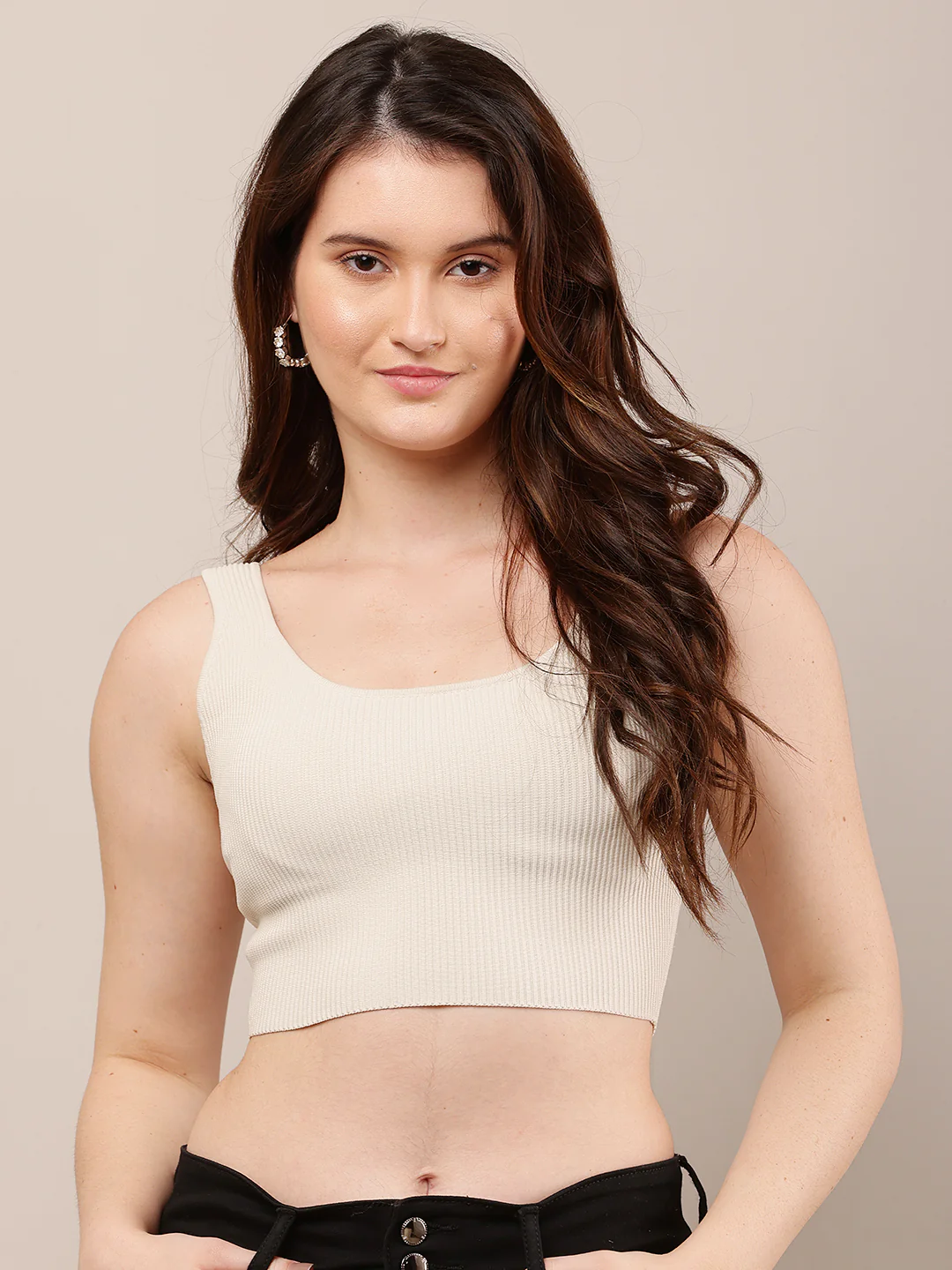 Women Grey Sleeveless Round Neck Crop Top