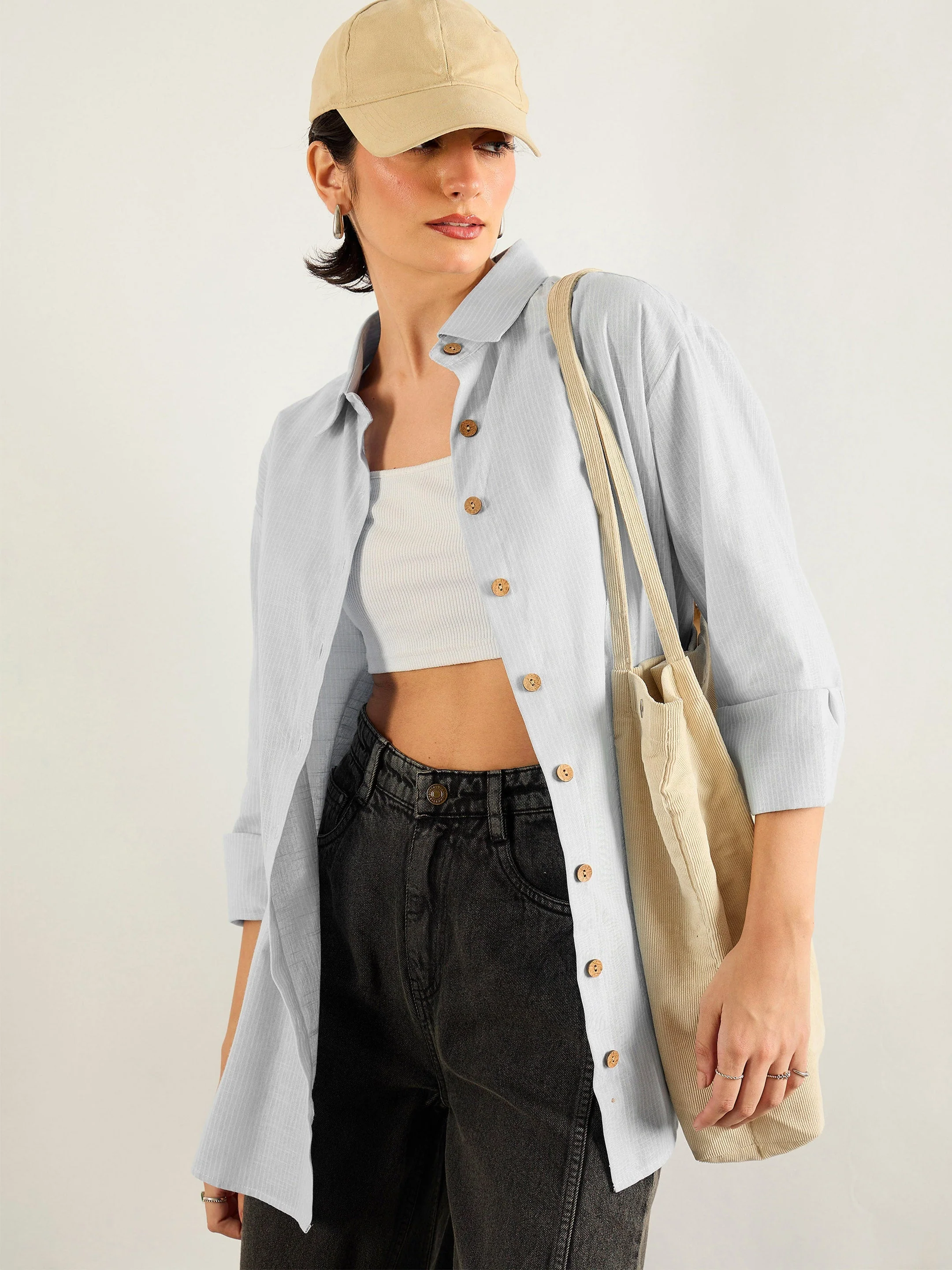 Women Grey & White Penny Stripes Oversized Shirt