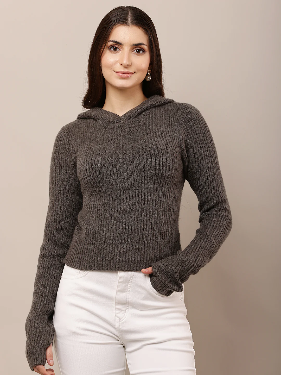 Women Hooded Grey Full Sleeve Sweater