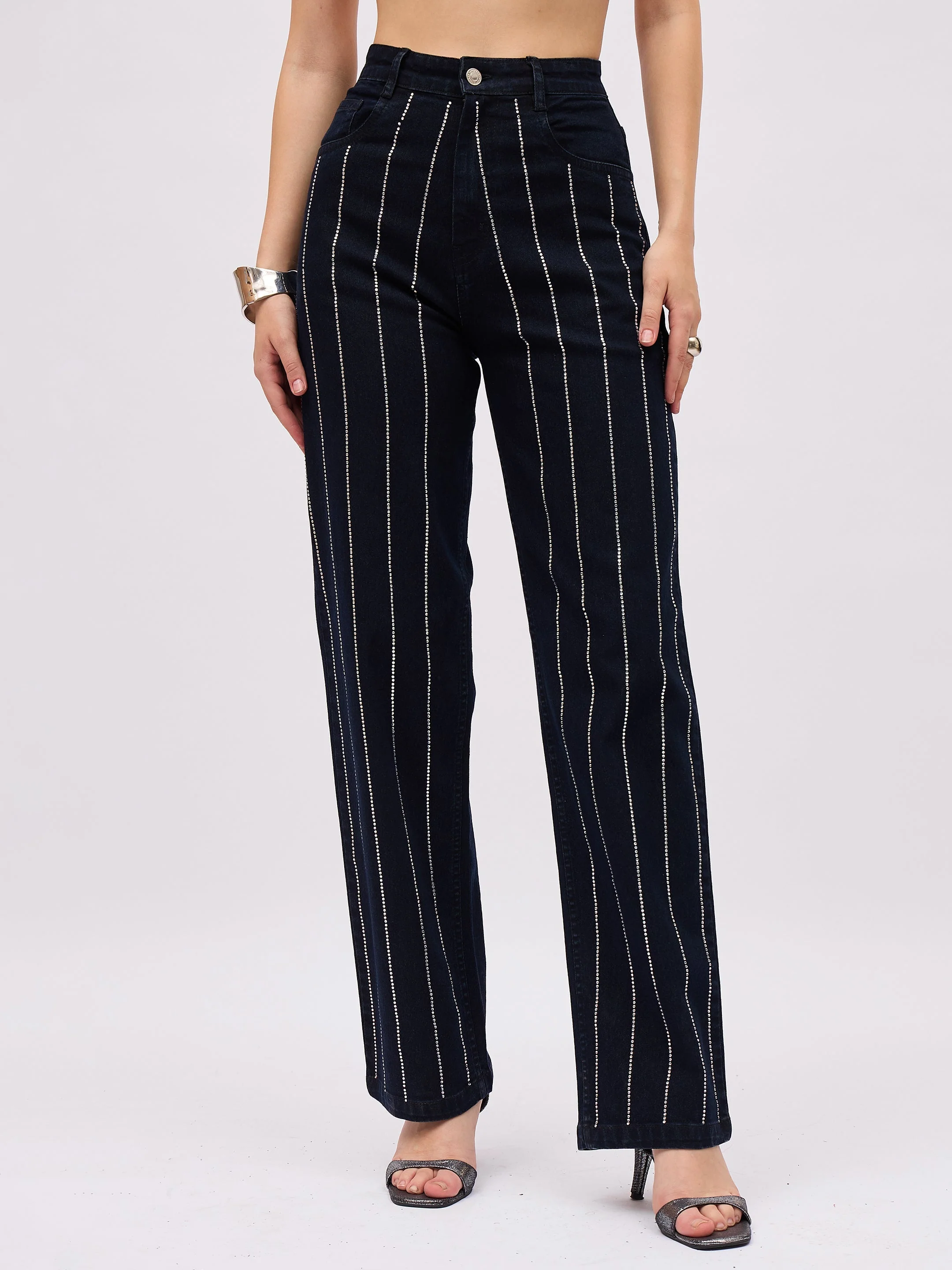 Women Jet Black Denim Front Stud Straight Fit Jeans