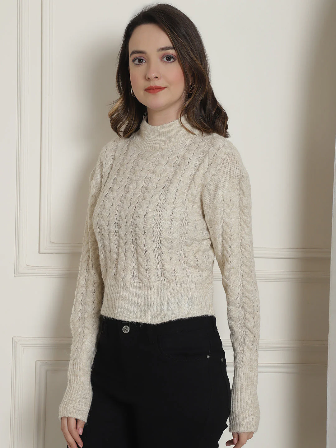 Women Light Beige Cable Knit - Image 5