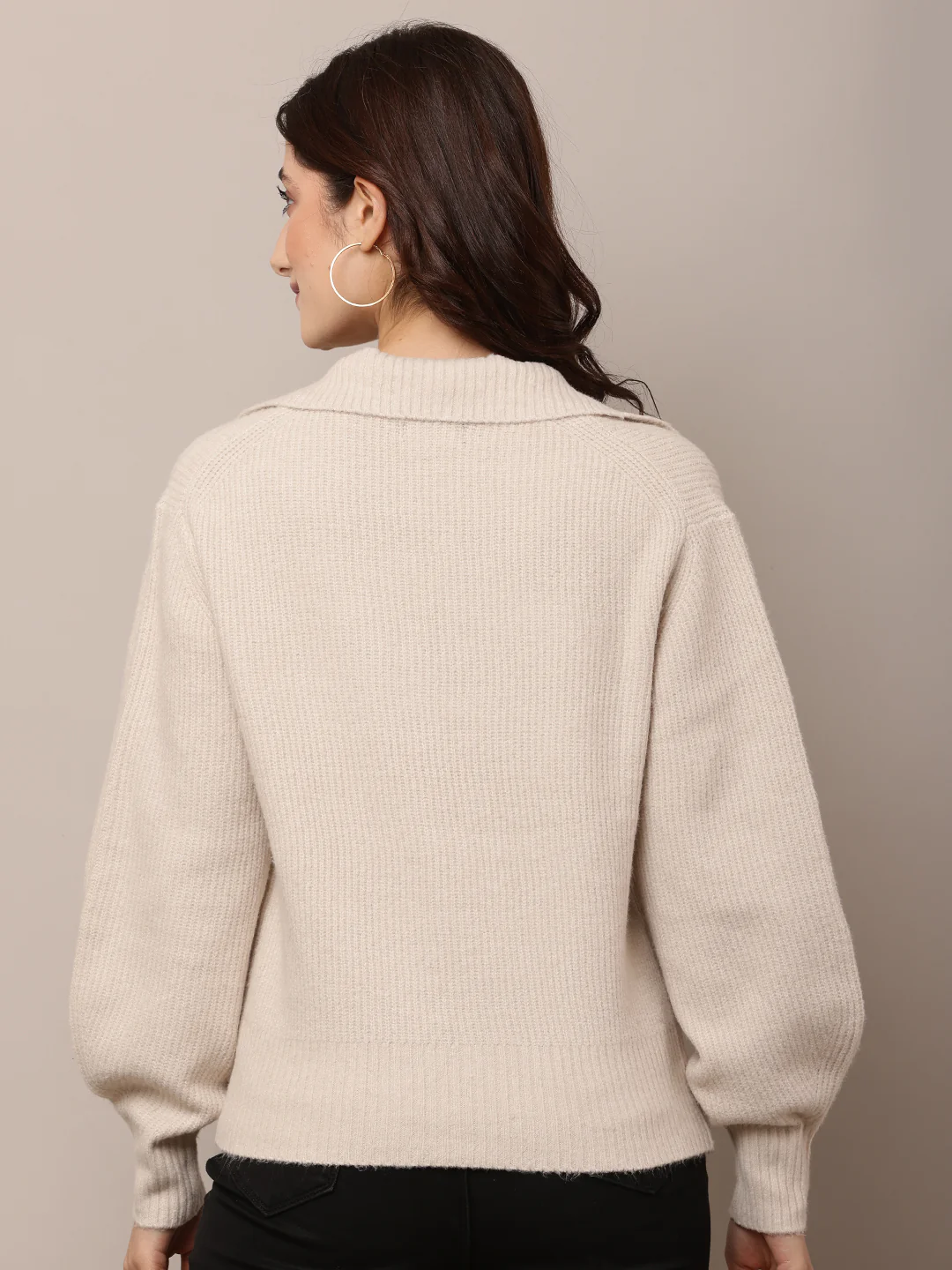 Women Light Beige Shirt Collar V-Neck Sweater - Image 4