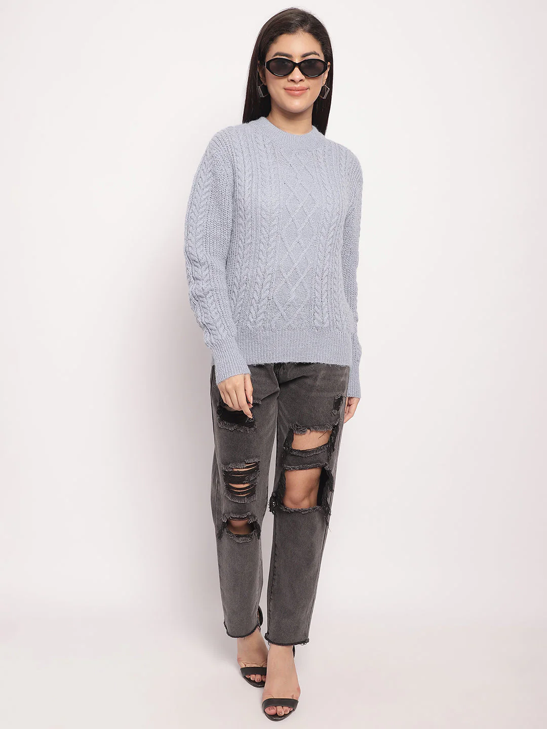 Women Light Blue Cable Knit Sweater - Image 6