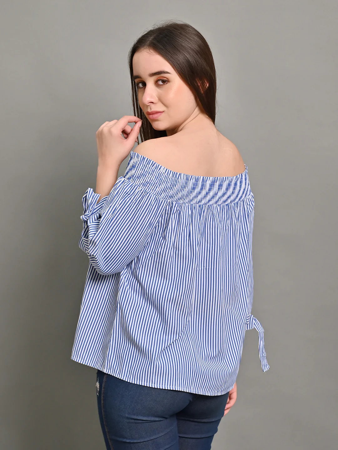 Women Light Blue Off Shoulder Top - Image 3