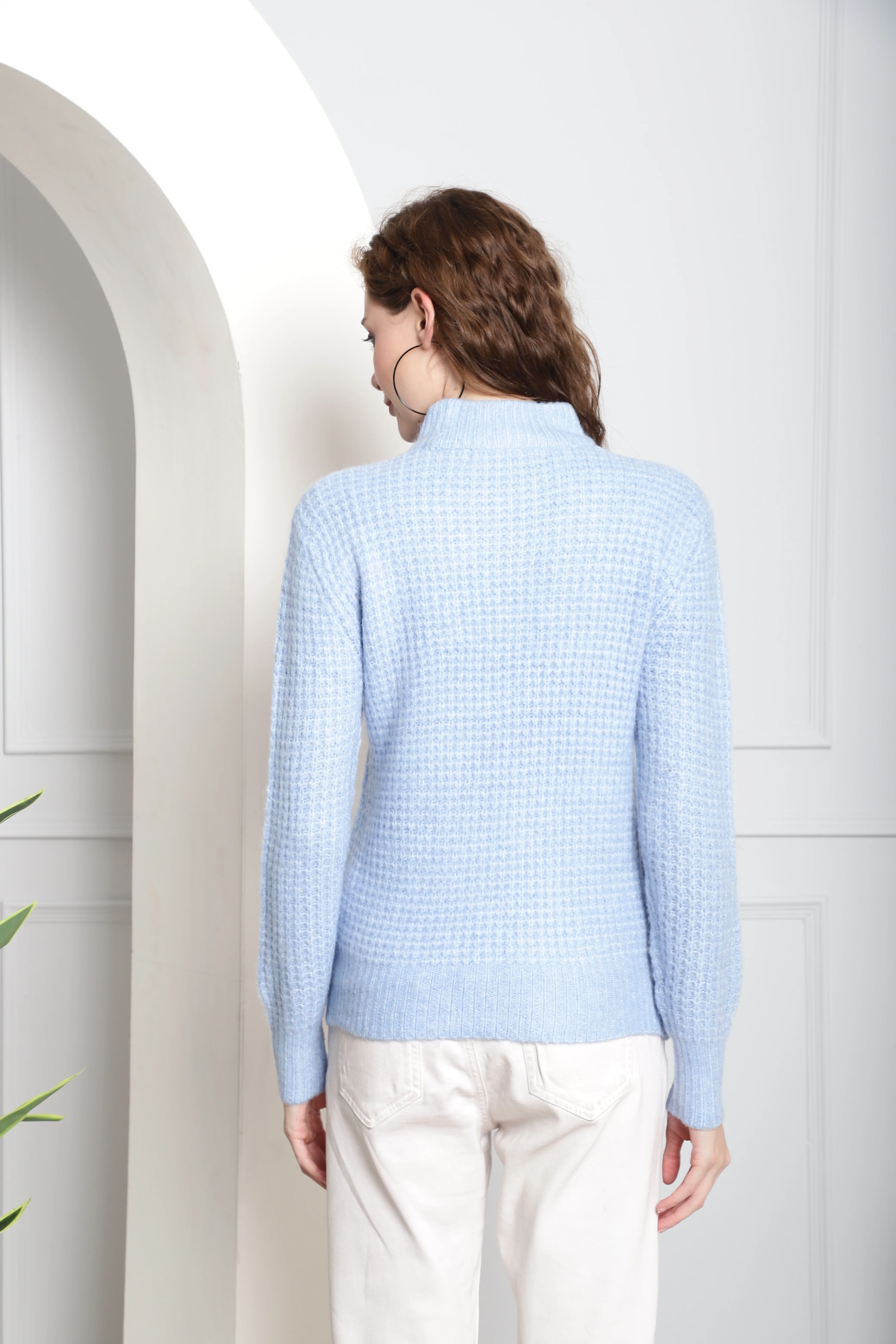 Women Light Blue Turtleneck Sweater - Image 3
