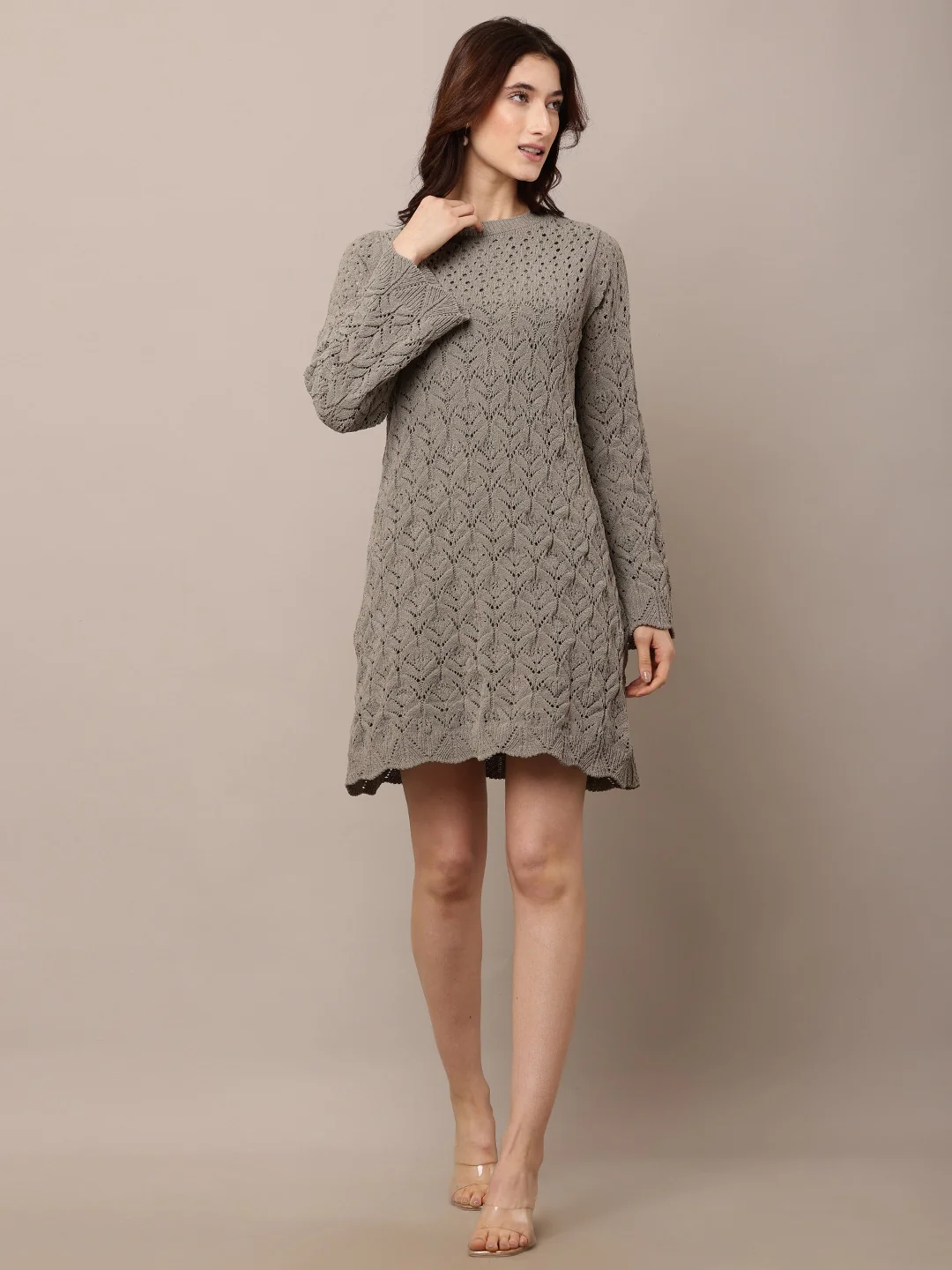 Women Light Green Crochet Shift Dress with Sleeves - Image 2