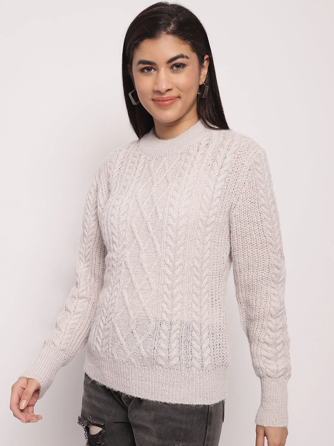 Women Light Grey Cable Knit Sweater - Image 2