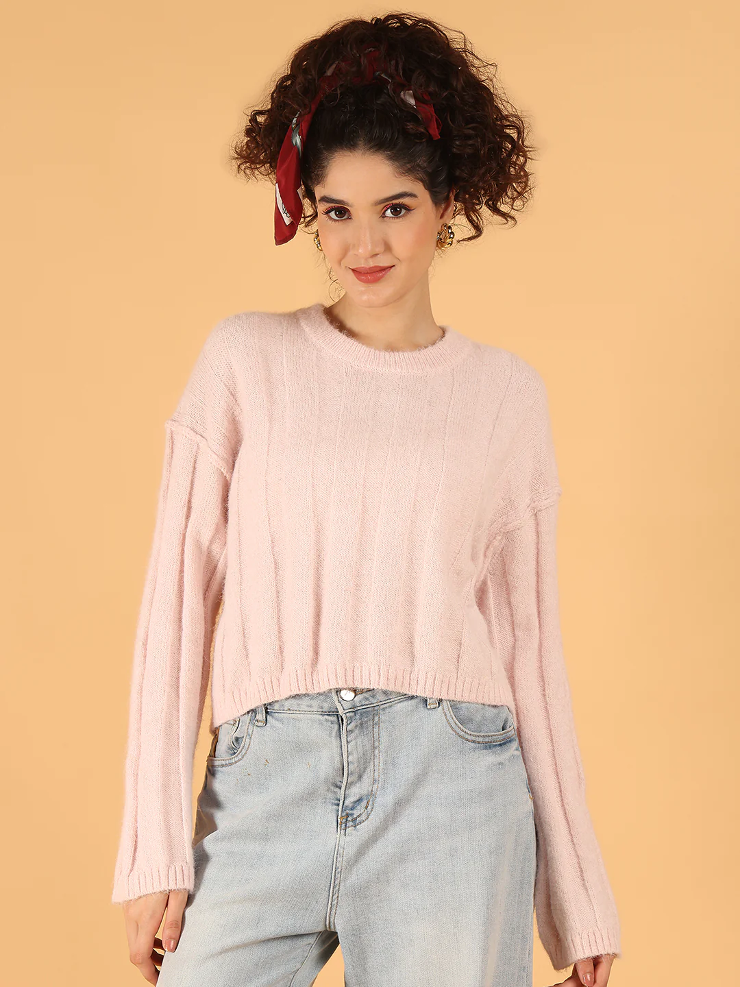 Women Light Pink Loose Fit Knit Sweater