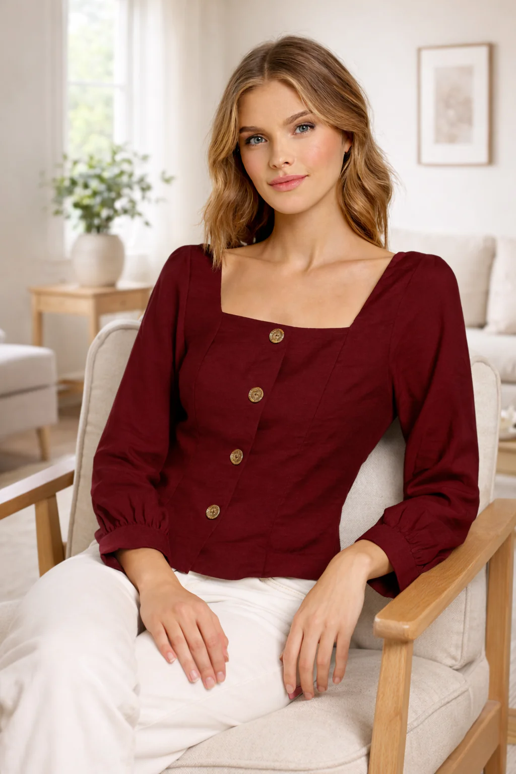 Women Maroon Button Front Top - Image 4