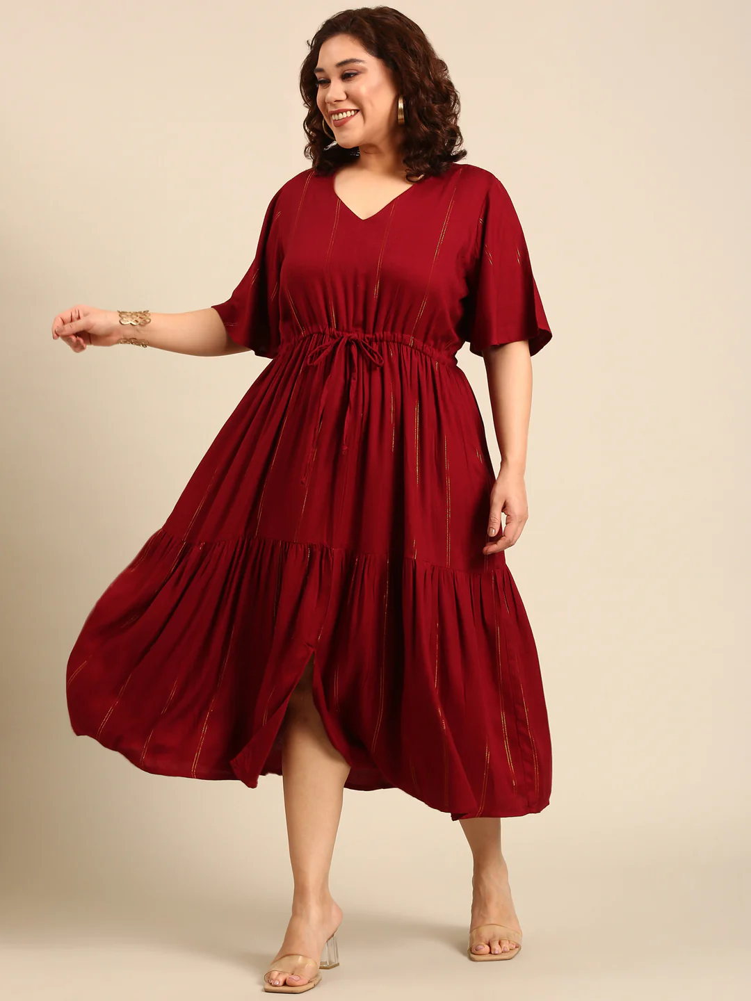 Women Maroon Lurex Maxi Dress - Image 8