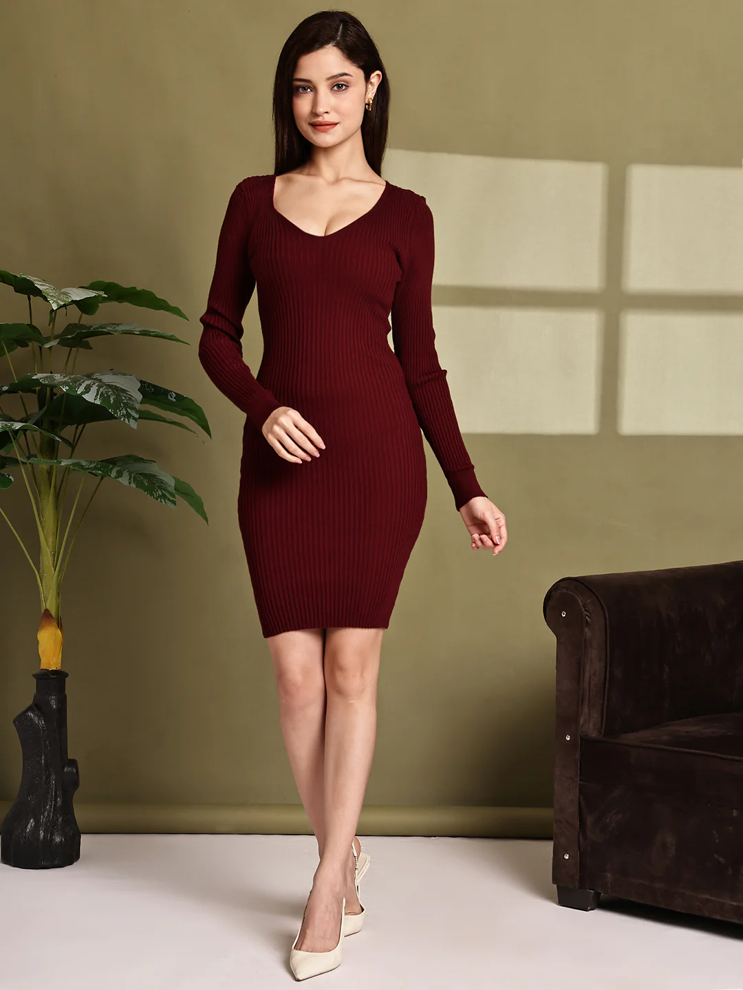 Women Maroon Viscose Full Sleeve Bodycon Dress
