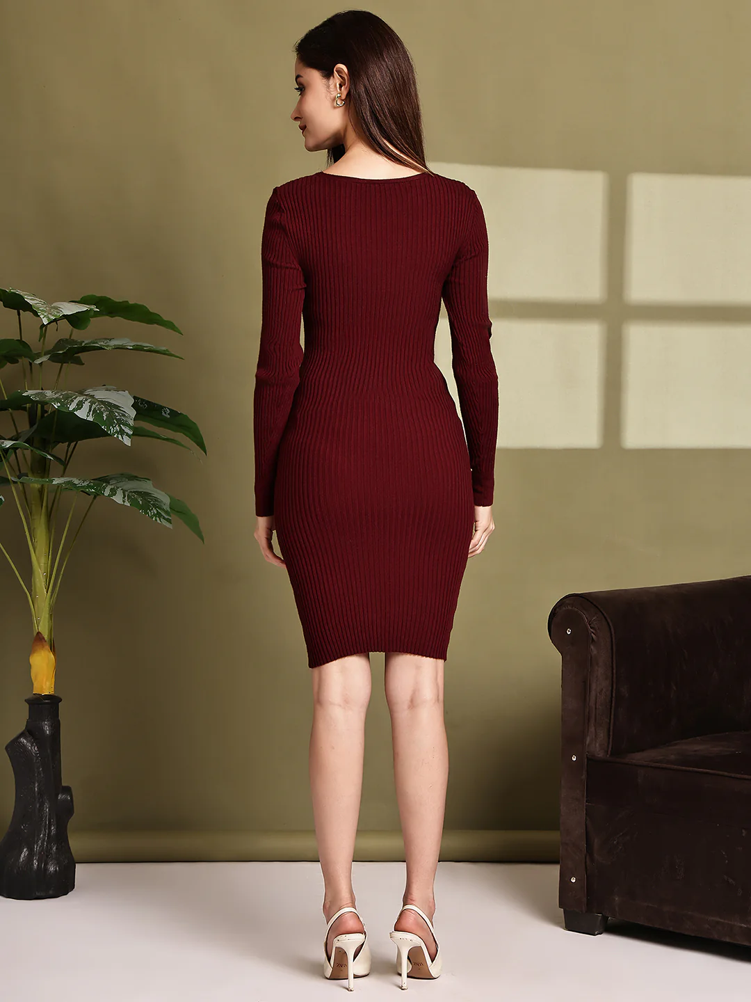 Women Maroon Viscose Full Sleeve Bodycon Dress - Image 3
