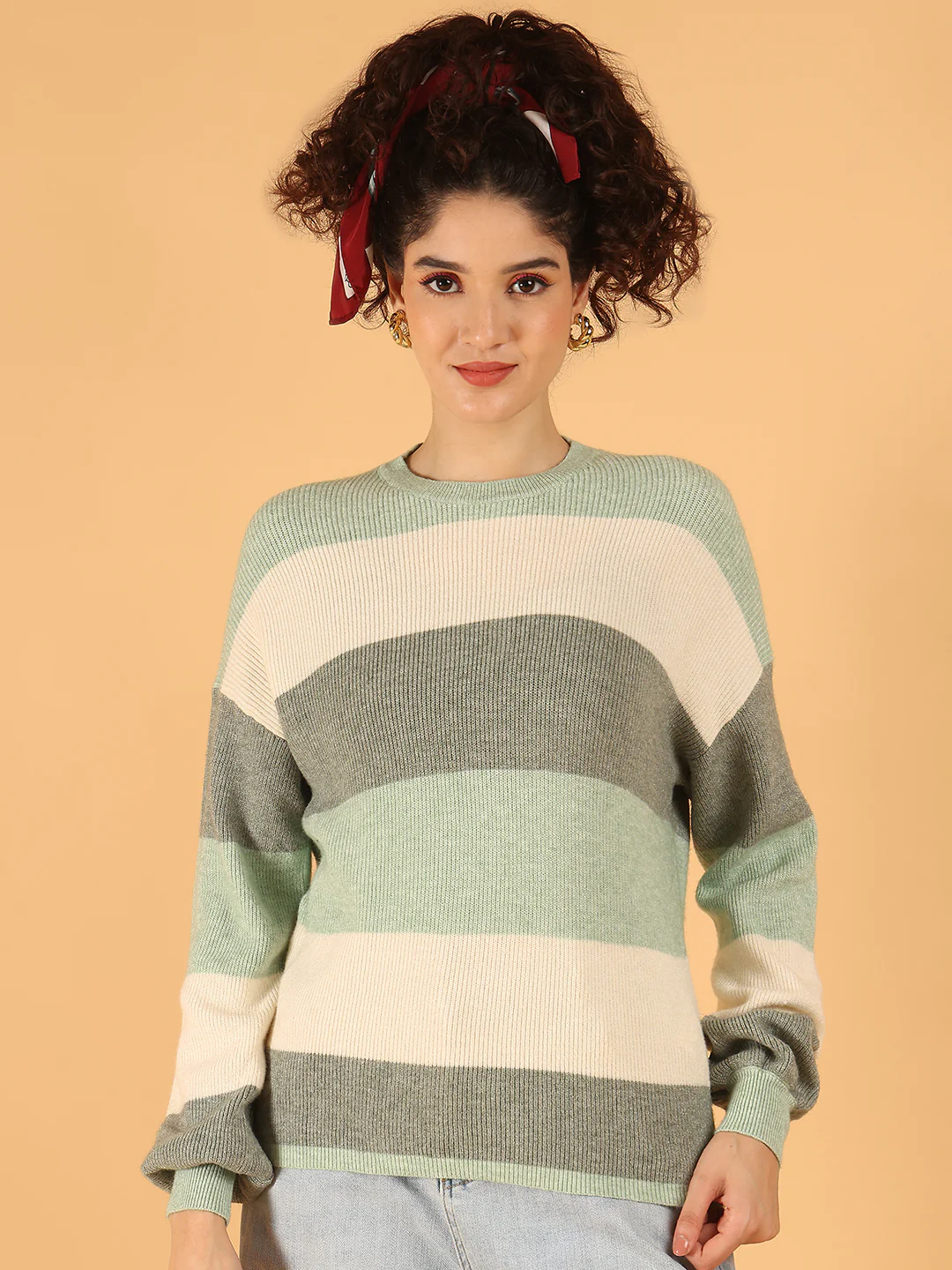 Women Mint & Cream Striped Knit Sweater