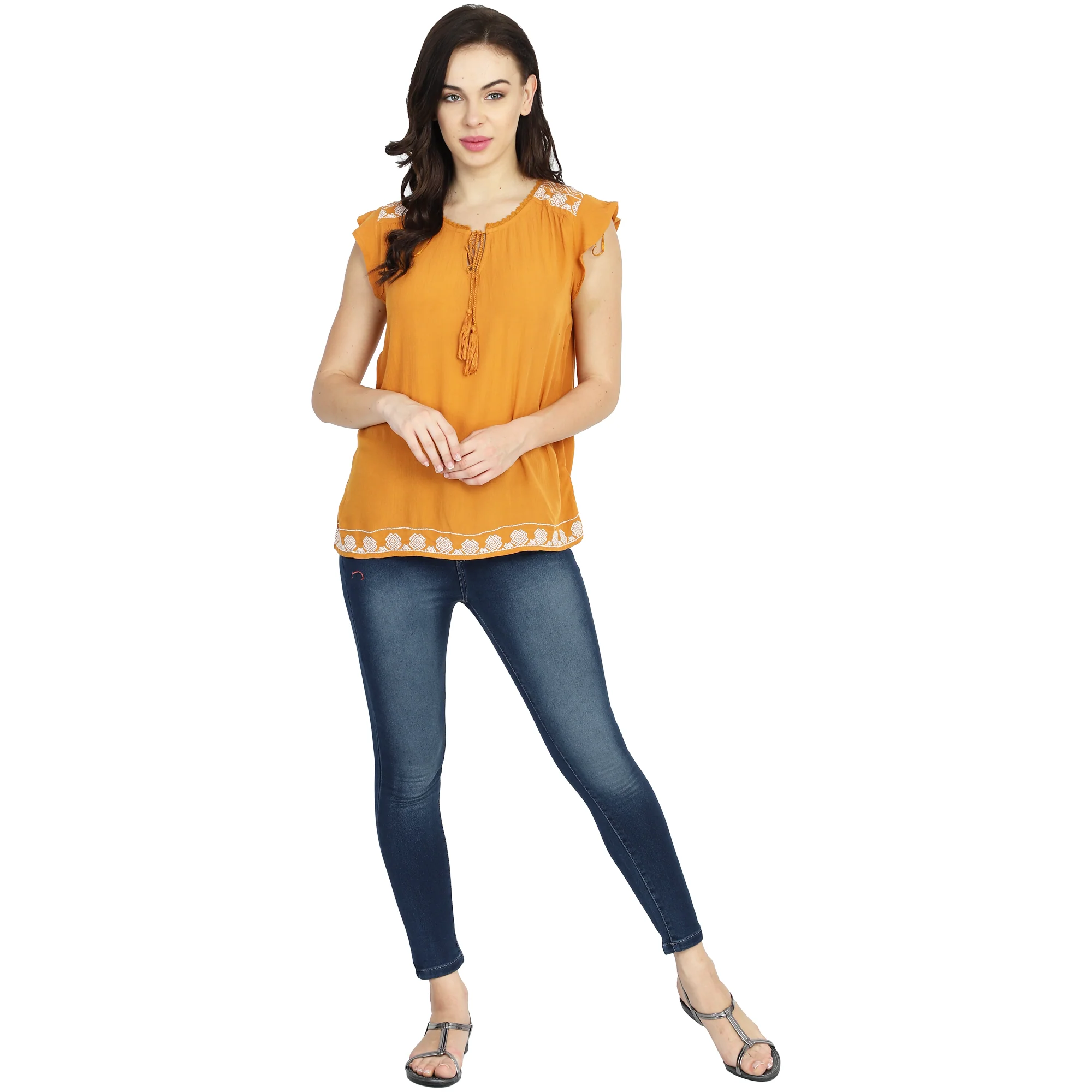 Women Mustard Embroidered Top - Image 6