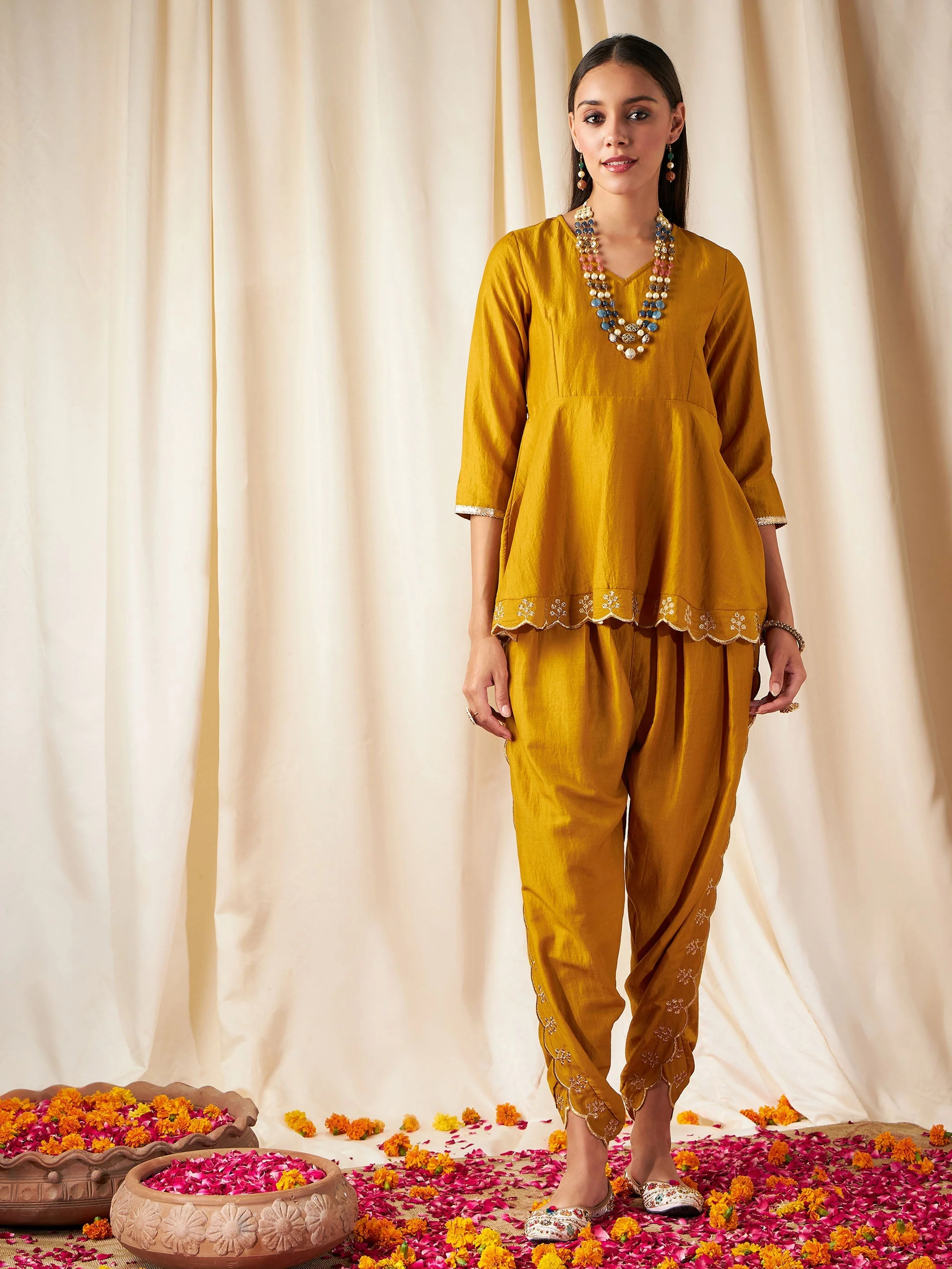 Women Mustard Zari Embroidered Peplum Top - Image 2