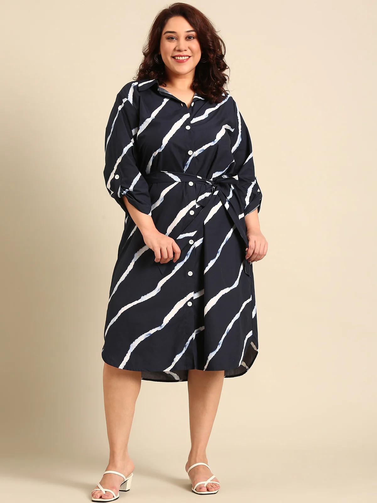 Women Navy Bias Striped Shirt Dress