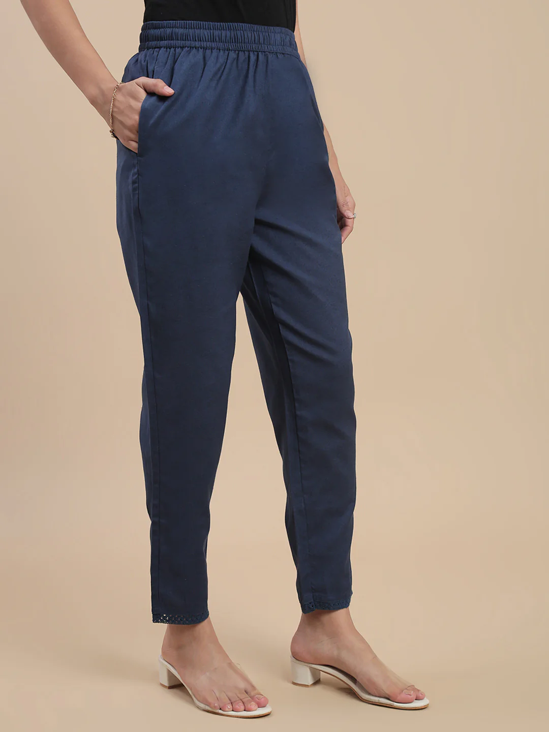 Women Navy Cotton Lace Pants