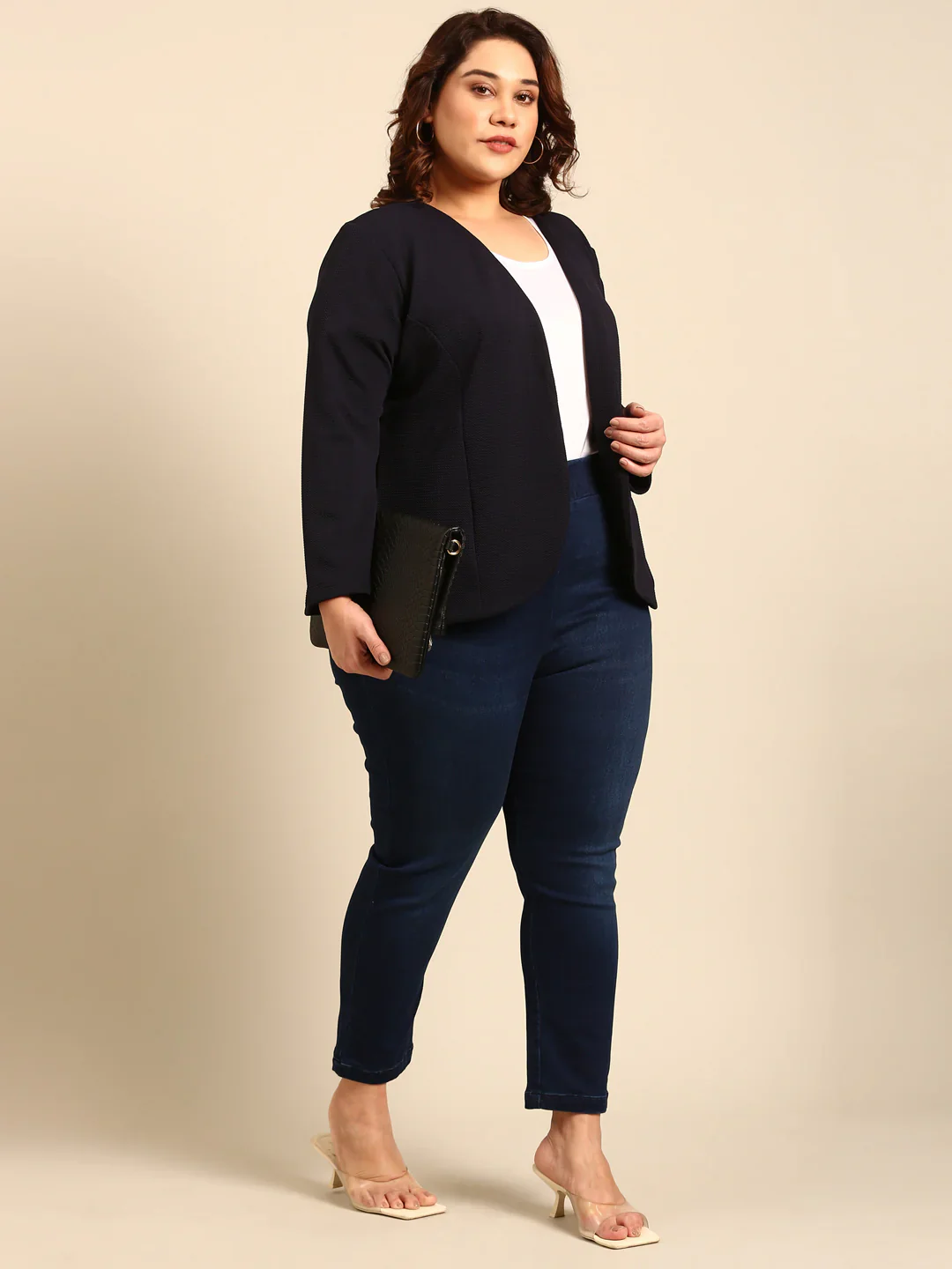 Women Navy Embossed  Formal Open Jacket - Image 2