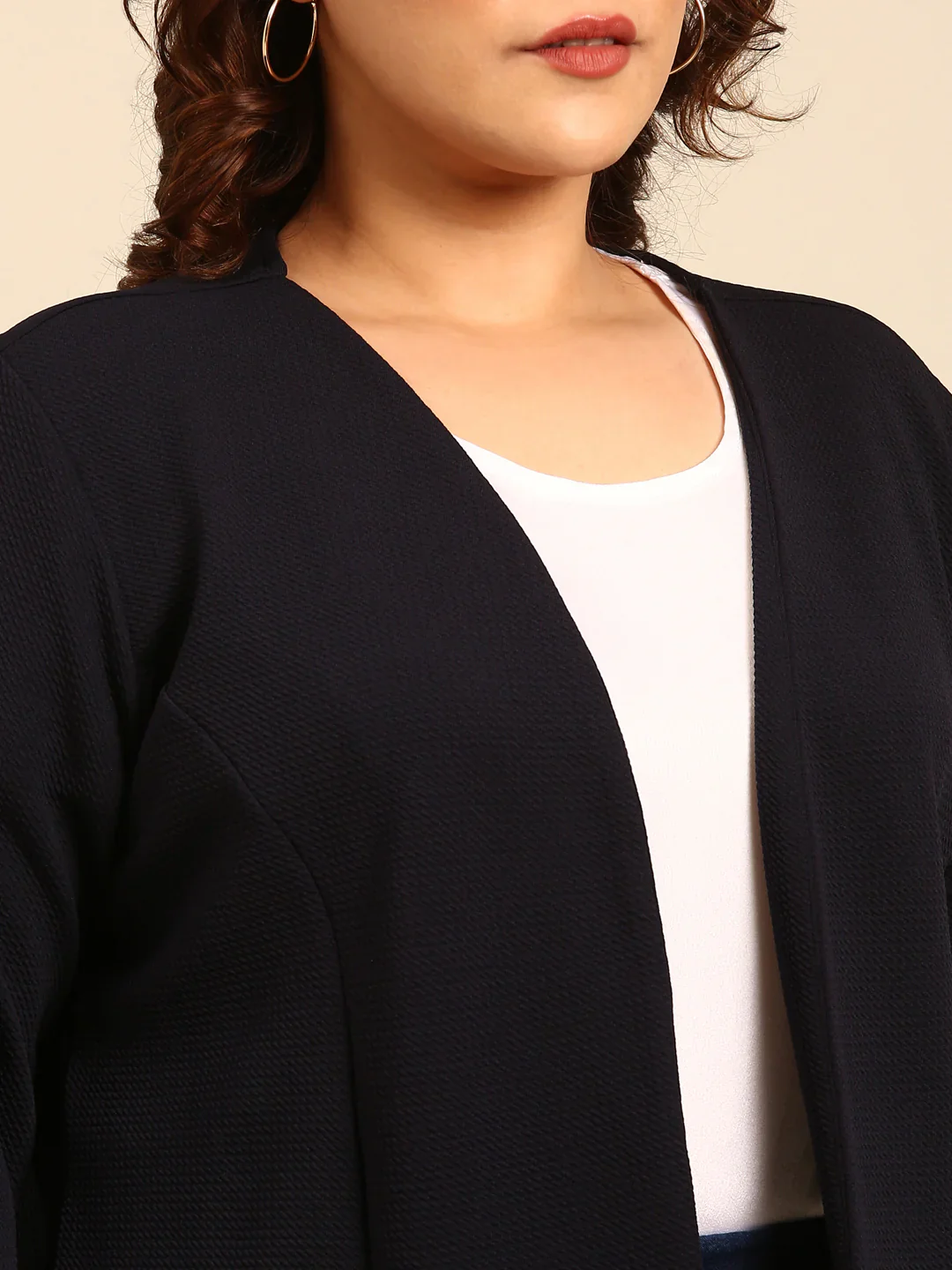 Women Navy Embossed  Formal Open Jacket - Image 3