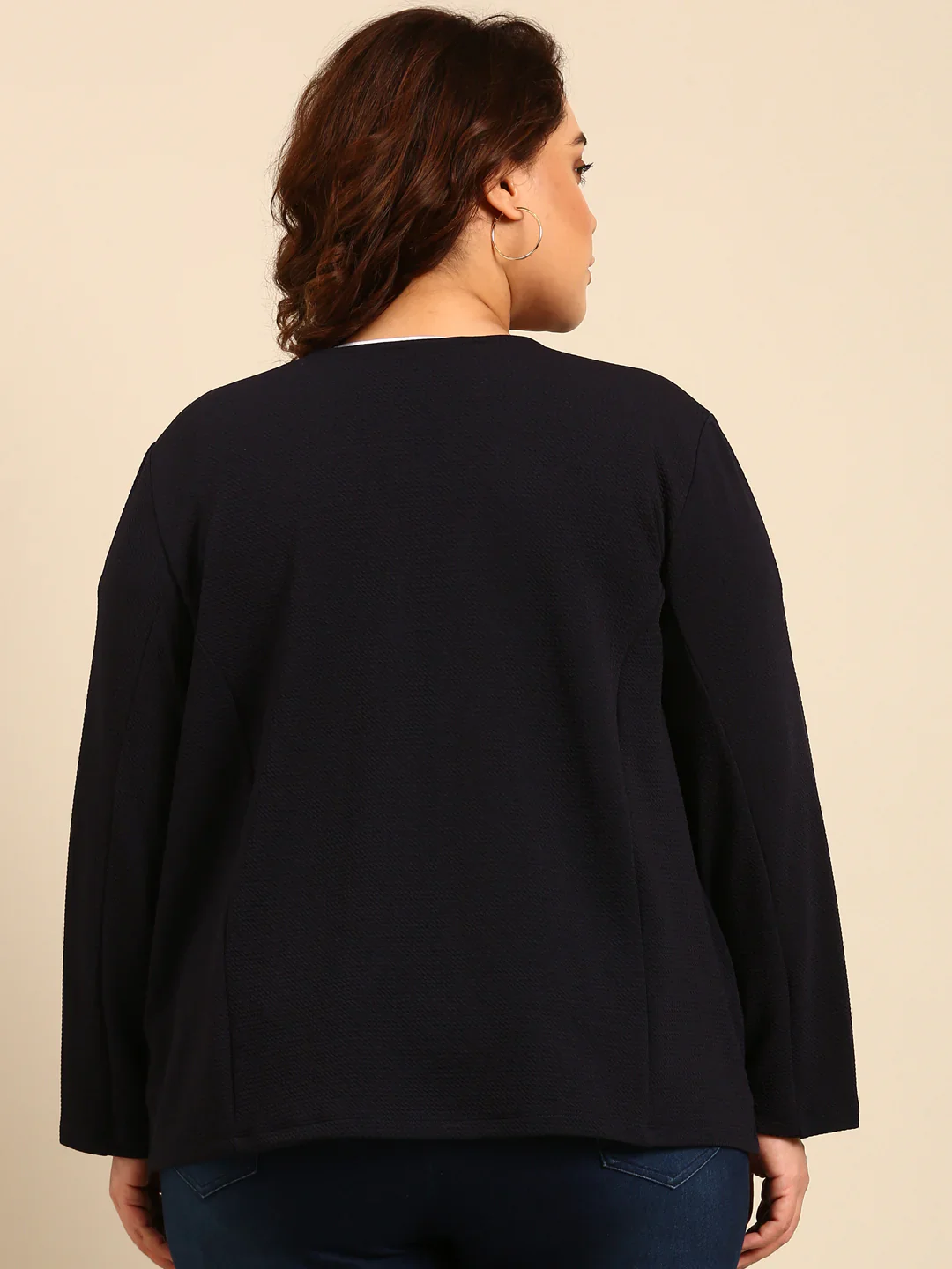 Women Navy Embossed  Formal Open Jacket - Image 4