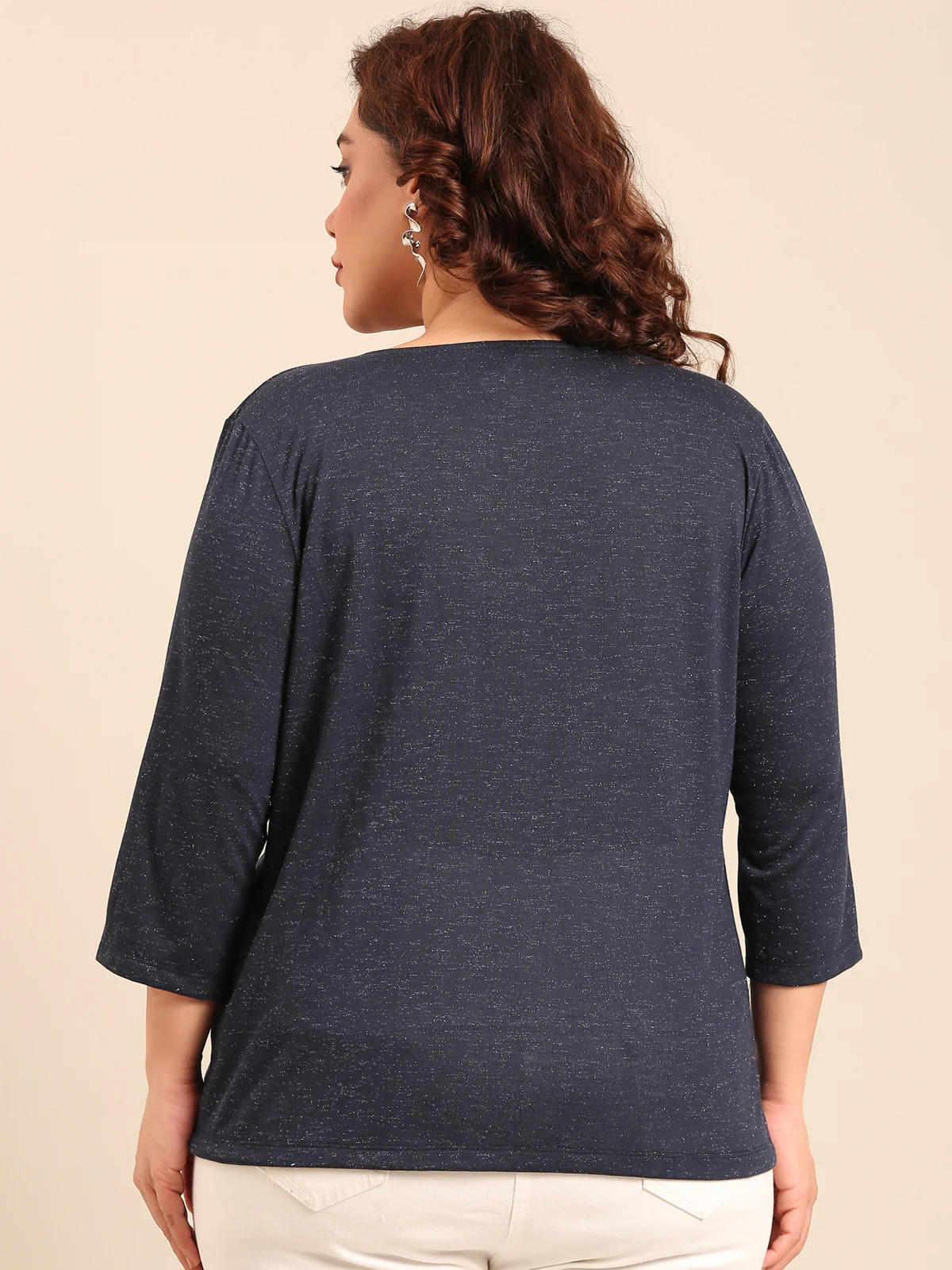 Women Navy Lurex Cowl Neck Top - Image 2
