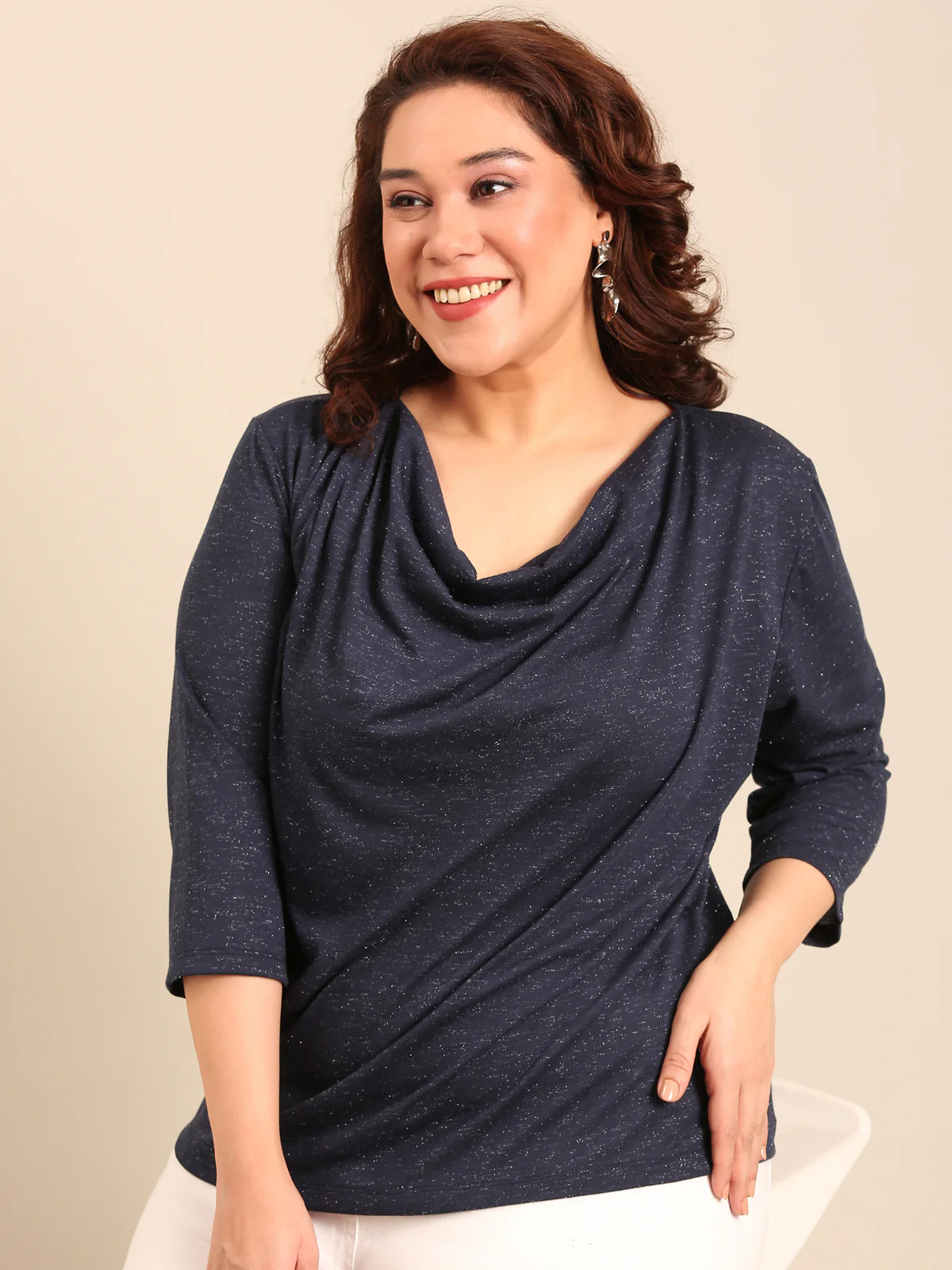 Women Navy Lurex Cowl Neck Top - Image 6