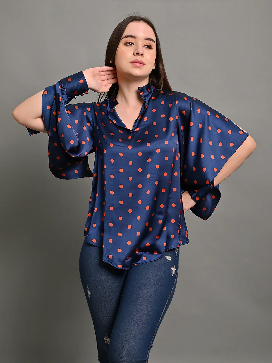 Women Navy Polka Dot V Neck Top - Image 2