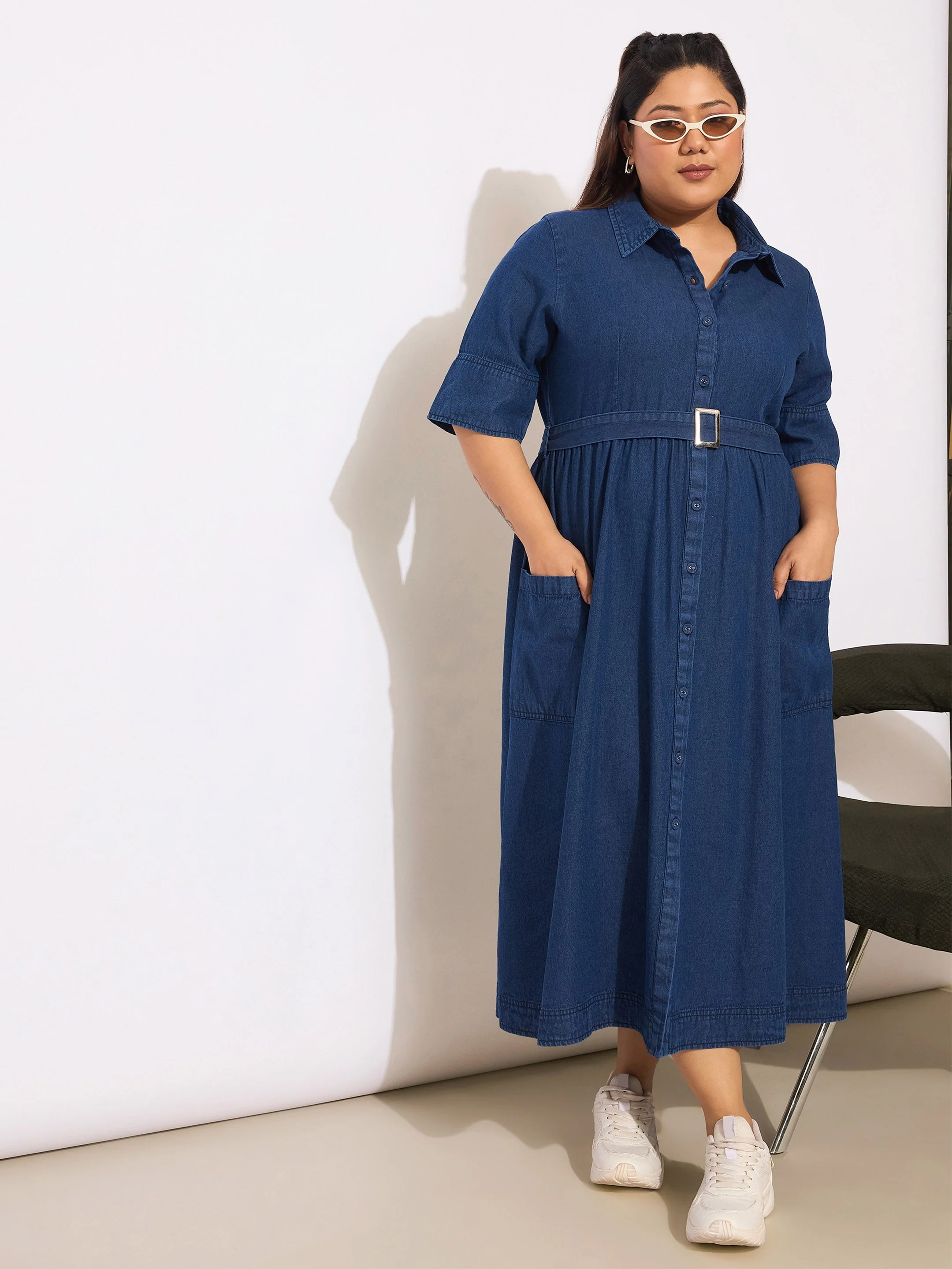 Women Navy Tencel Front Button Midi Dress