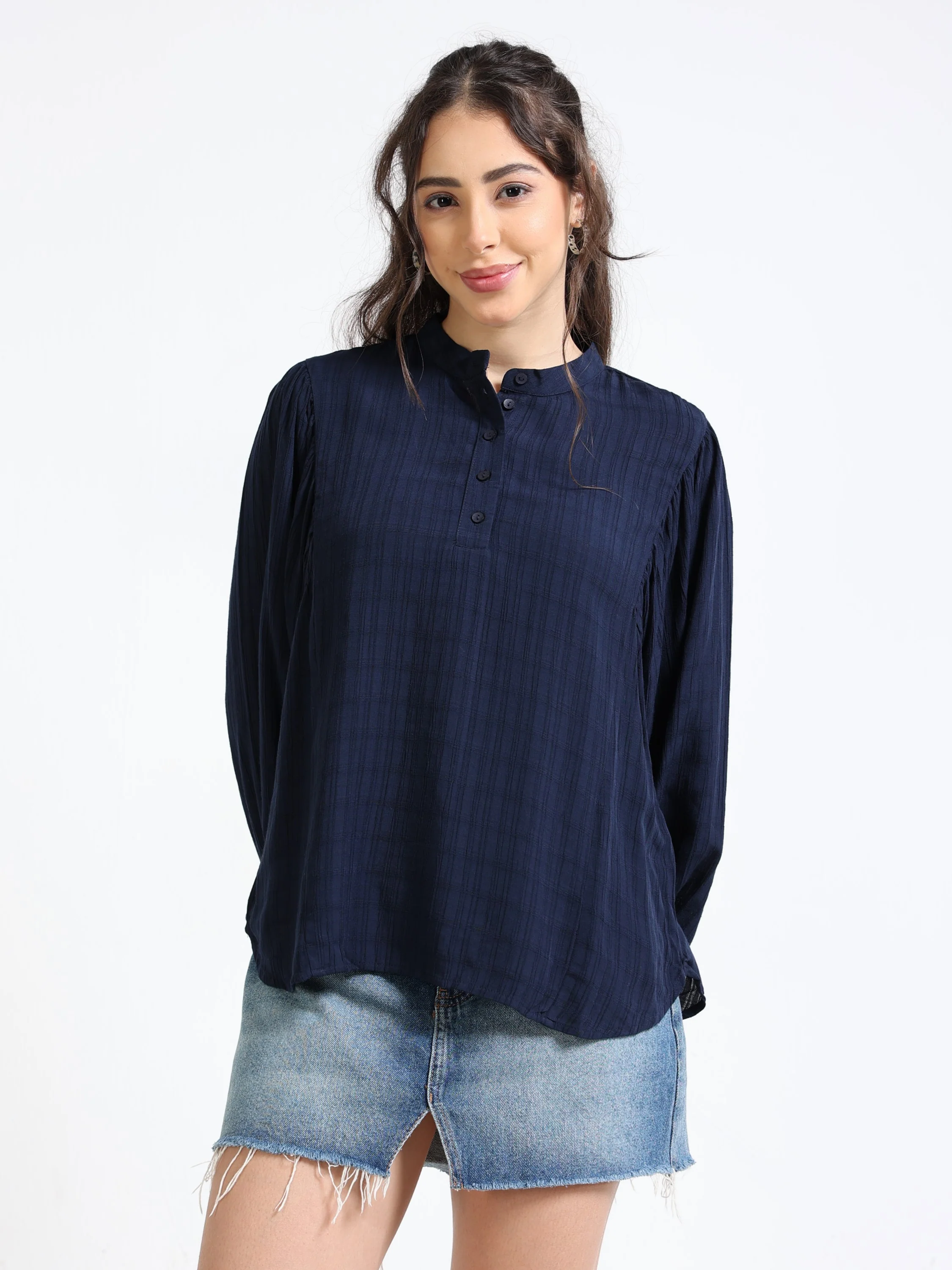 Women Navy Balloon Sleeve Top