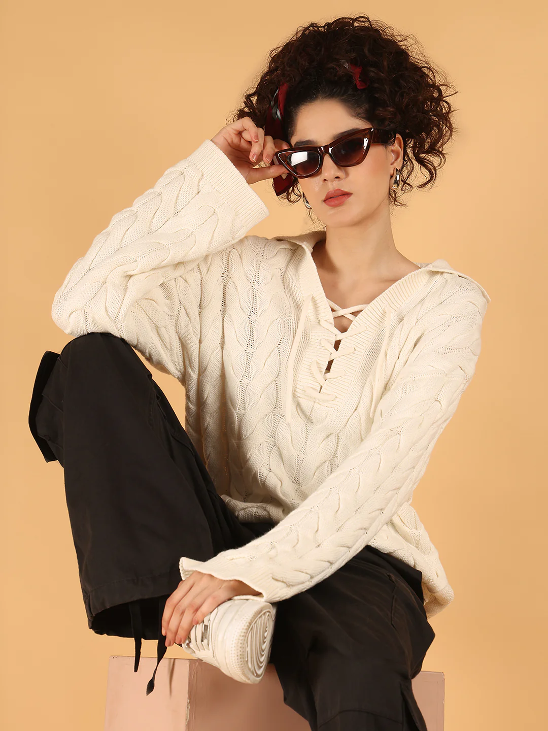 Women Off-White Cable Knit Sweater with Laces - Image 2