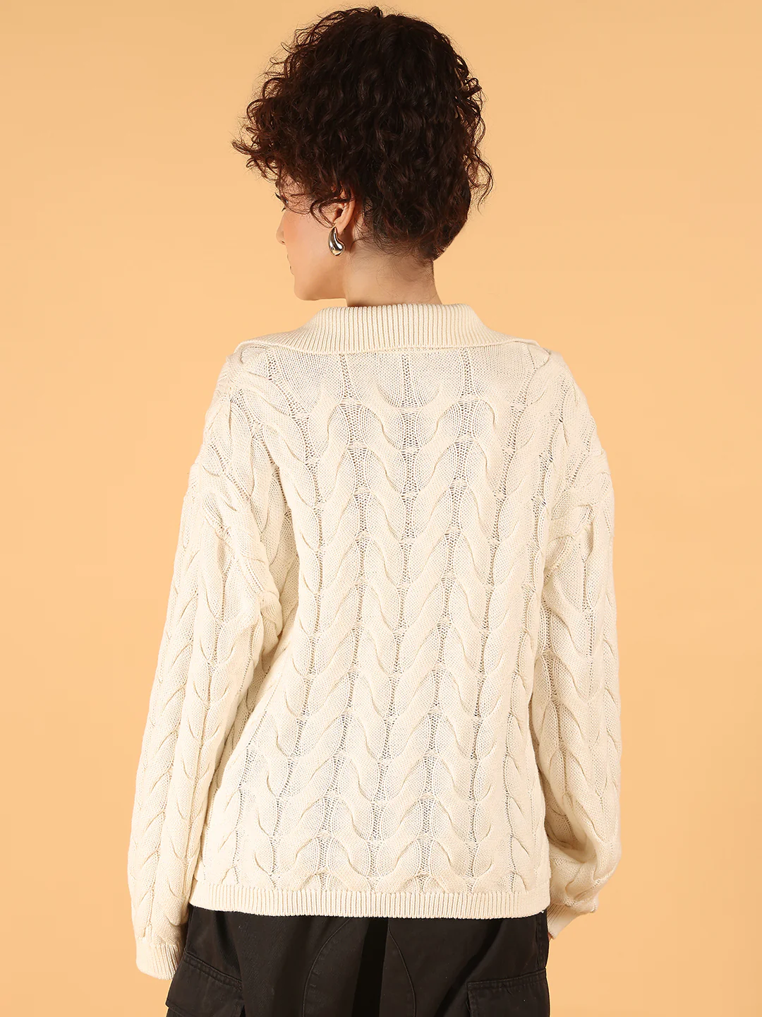 Women Off-White Cable Knit Sweater with Laces - Image 4
